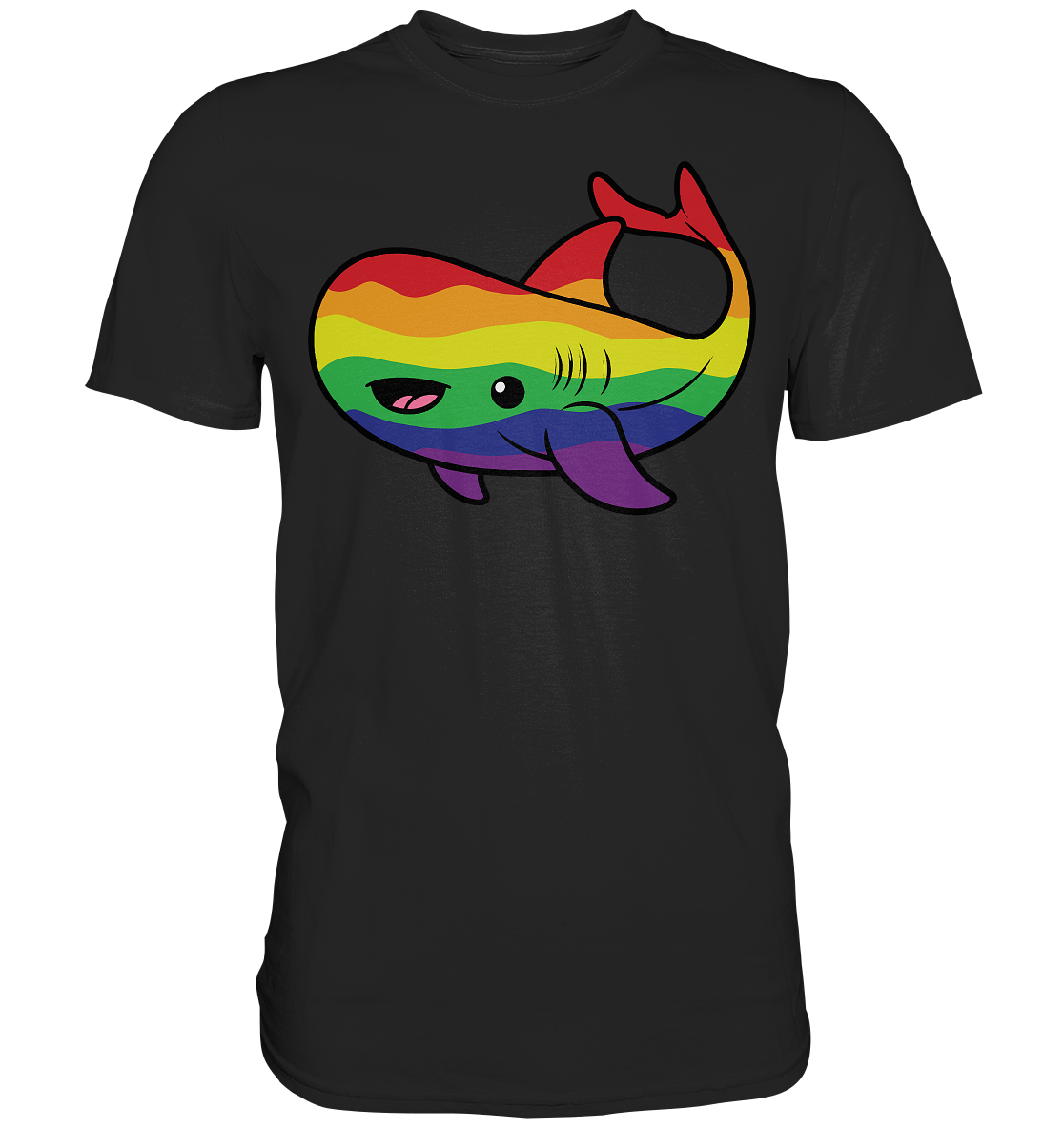 Bunt bedrucktes T-Shirt mit einem fröhlichen Walfisch-Motiv in Regenbogenfarben.