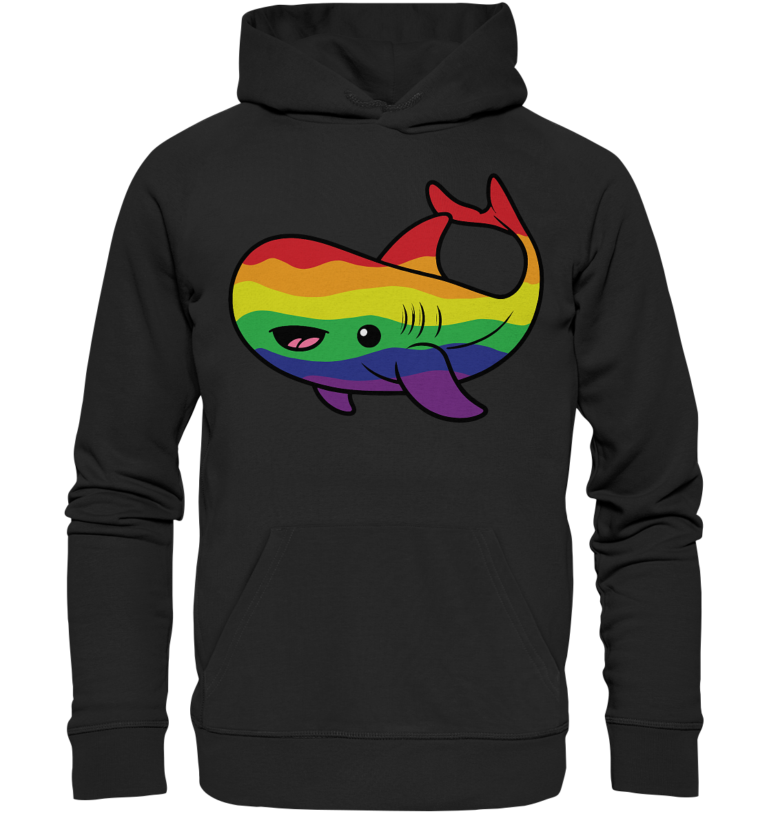 Bunter Kapuzenpullover mit einem niedlichen, kunstvoll gestalteten Wal, der in Regenbogenfarben erstrahlt.