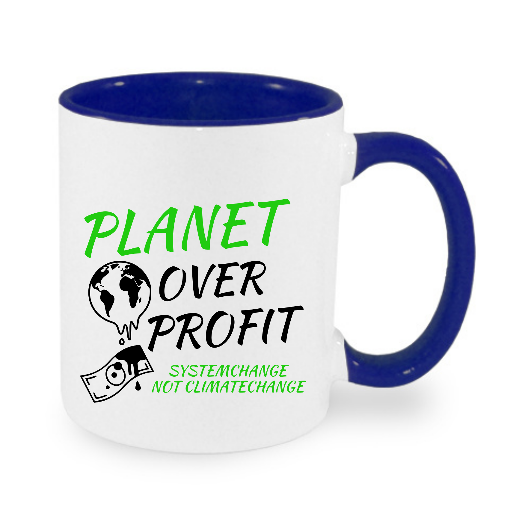 Tasse mit dem Aufdruck "PLANET OVER PROFIT" und einer Erde über einem Geldschein, in Weiß und Blau.