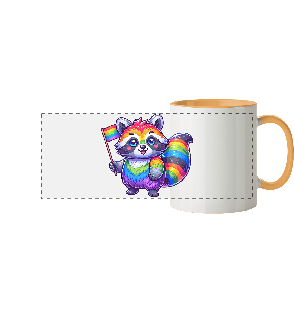 Tasse mit einem bunten, cartoonhaften Waschbär, der eine Regenbogenfahne hält.