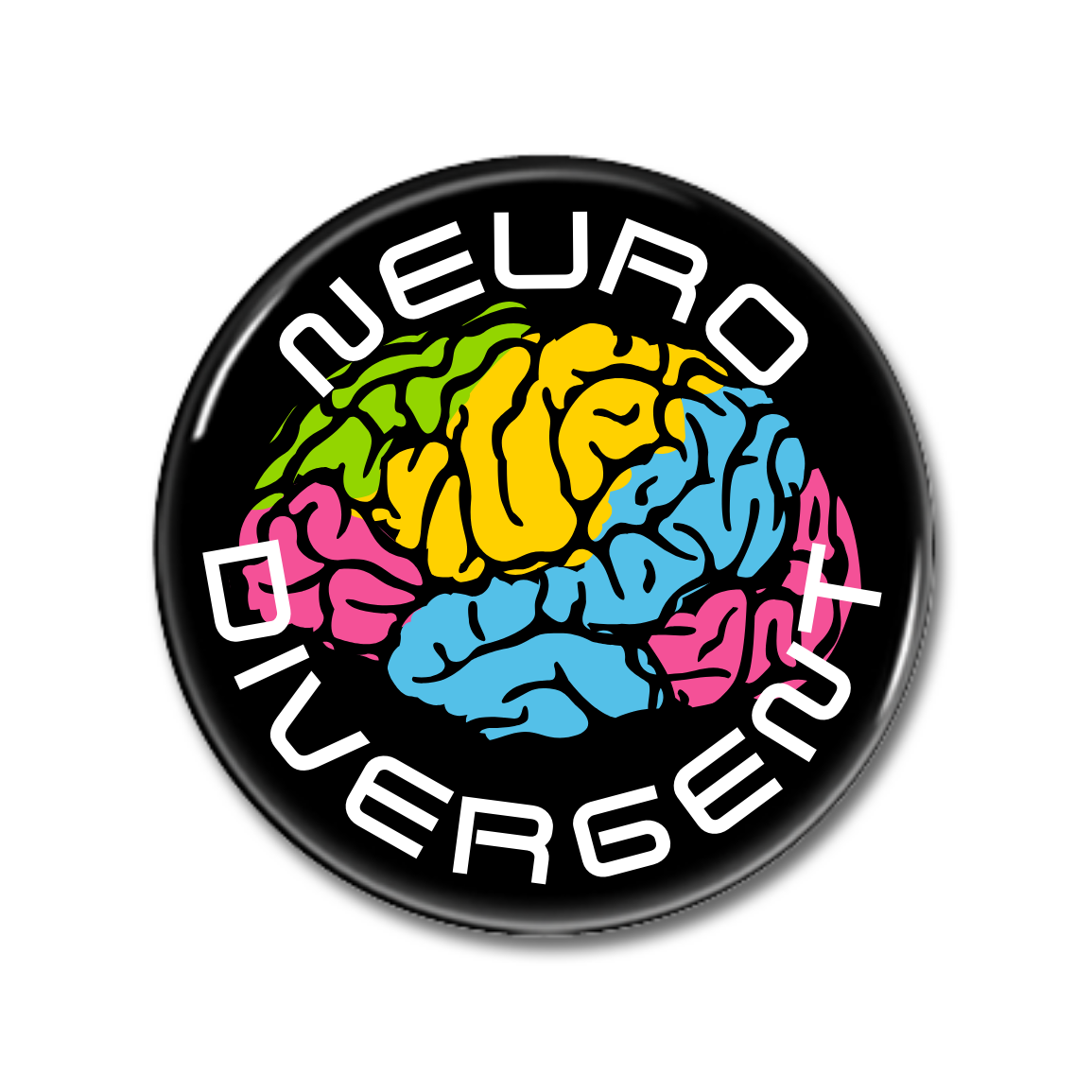 Bunter Anstecker mit dem Schriftzug "NEURO DIVERGENT" und einem stilisierten Gehirn.