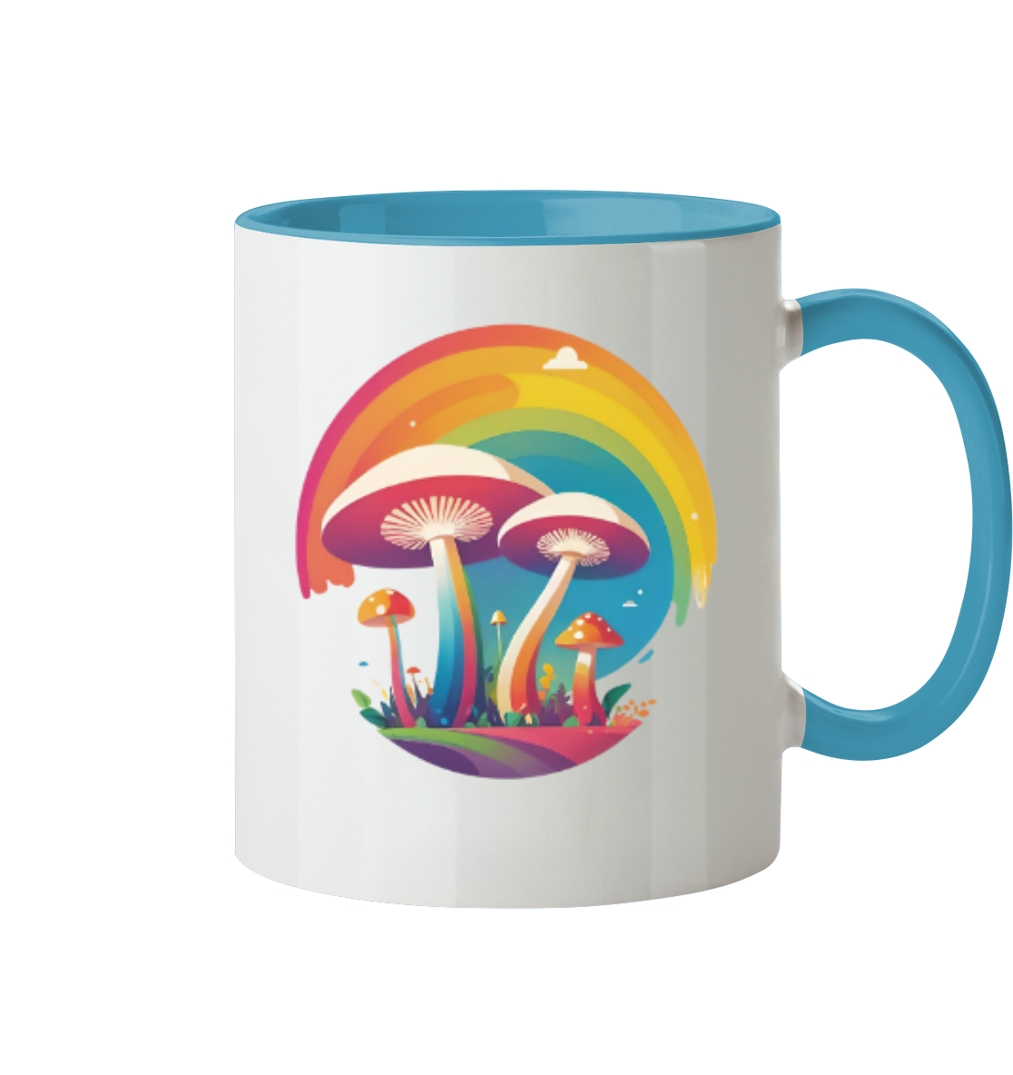 Bunte Tasse mit einem Design von Pilzen und einem Regenbogen.