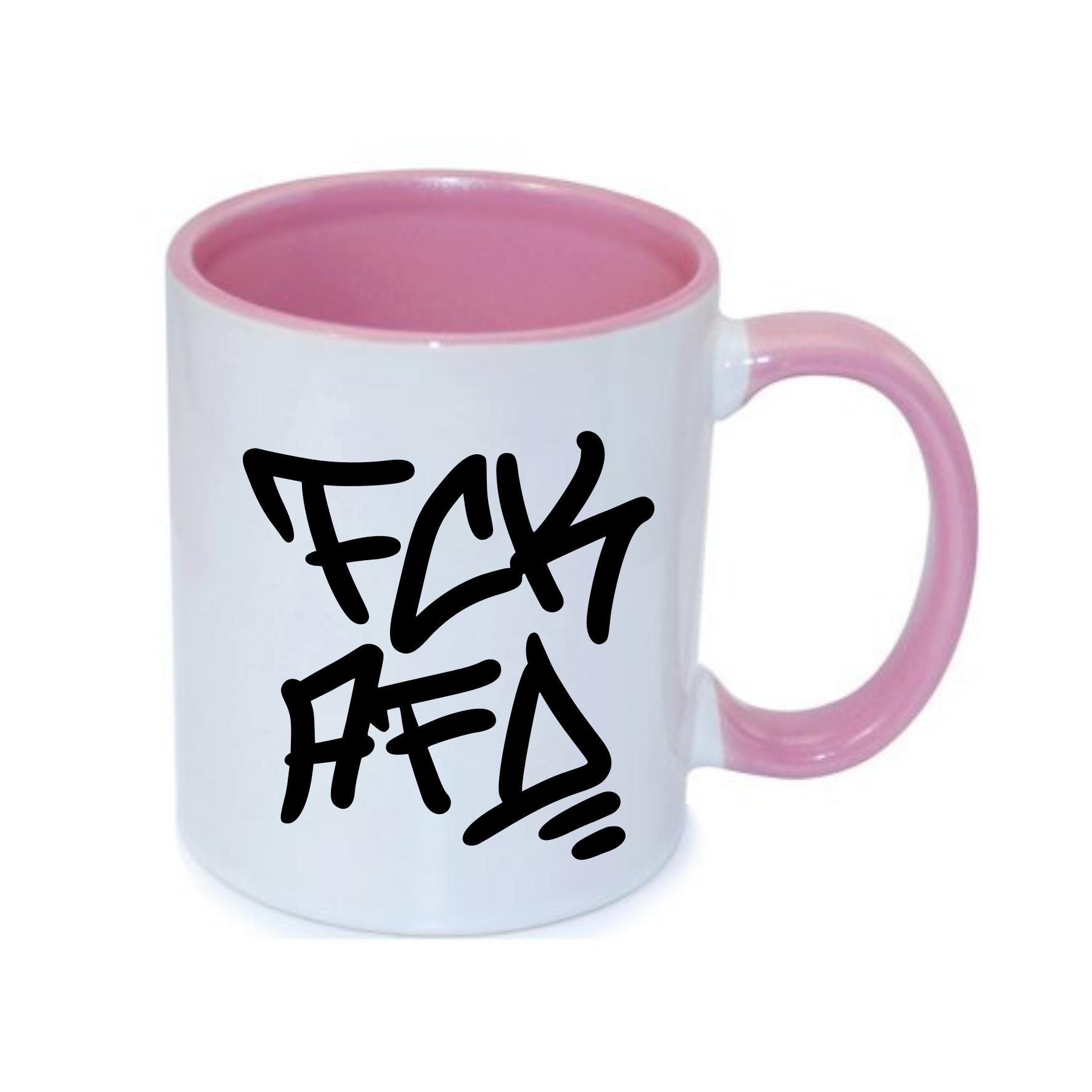 Weiße Tasse mit pinkem Henkel und innerer Auskleidung, bedruckt mit schwarzer Graffiti-Schrift.