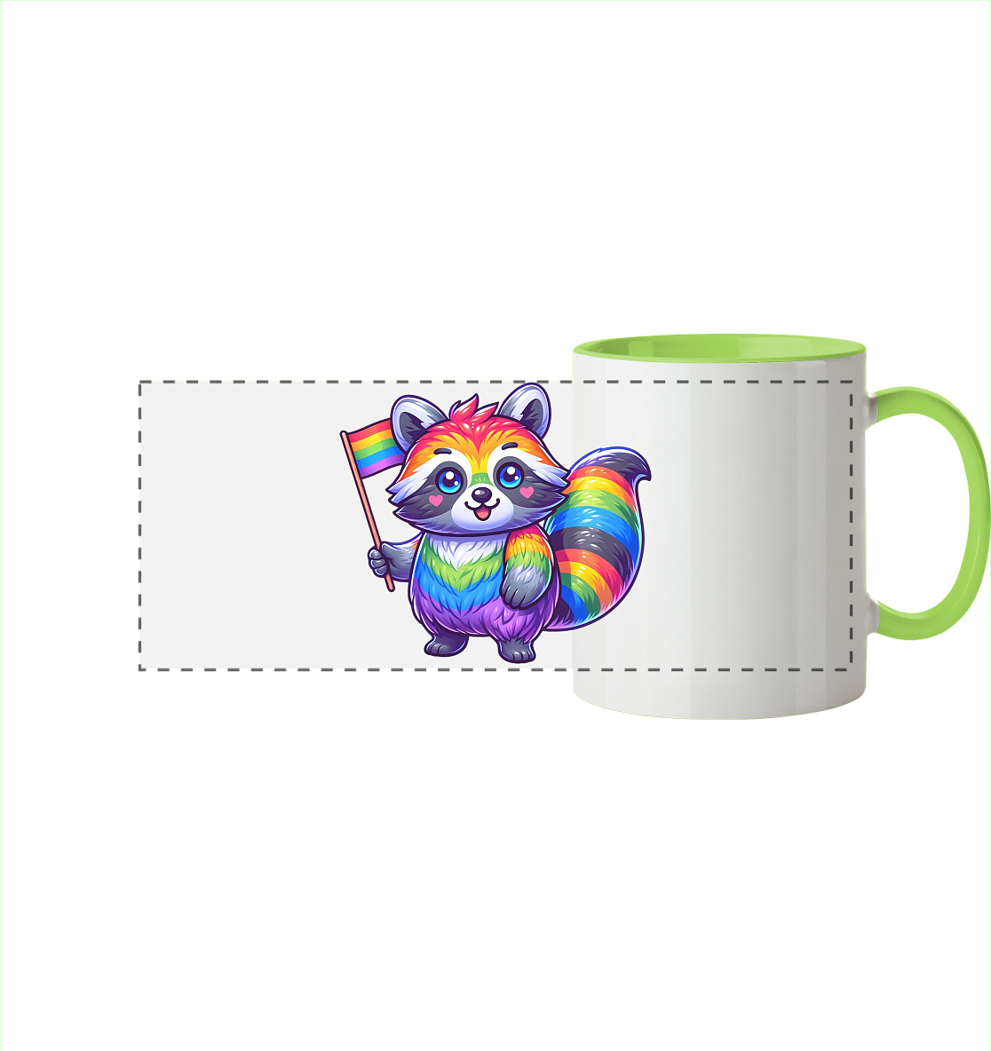 Bunte Tasse mit einem niedlichen, regenbogenfarbenen Waschbären, der eine Pride-Flagge hält.