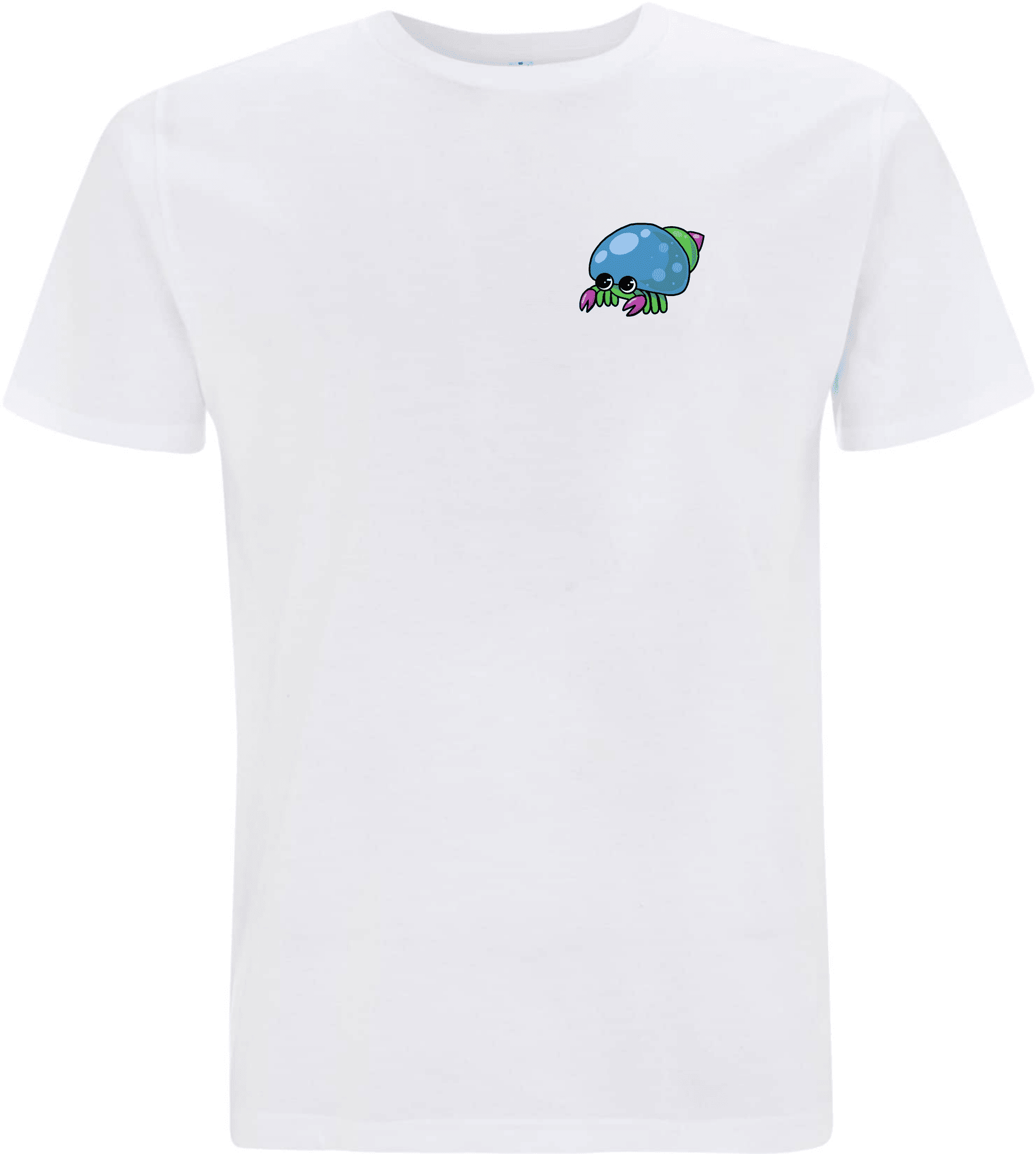 Weißes T-Shirt mit einem bunten, cartoonhaften Krabbenmotiv auf der linken Brustseite.