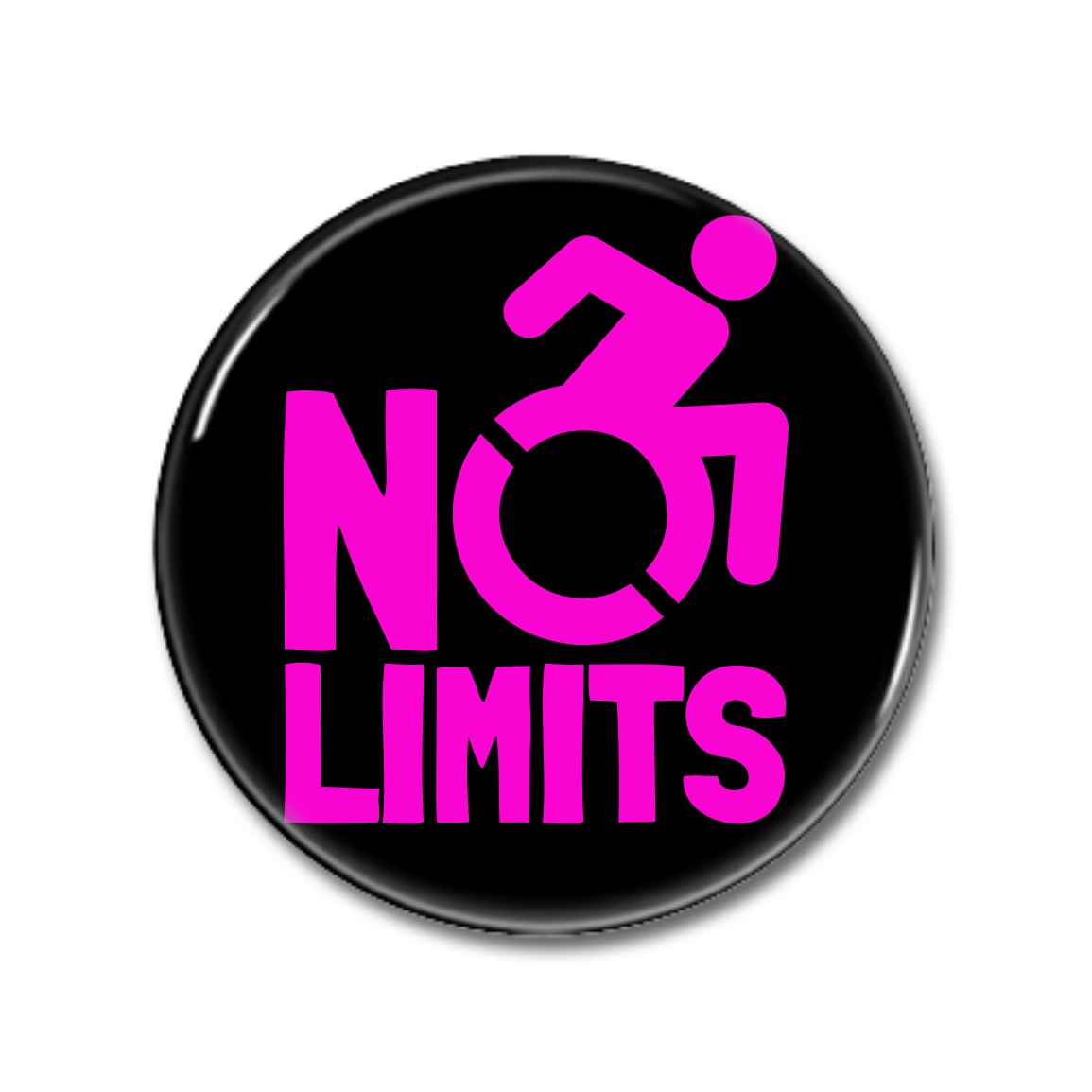 Pin-Button mit der Aufschrift "NO LIMITS" in pink auf schwarzem Hintergrund, der eine Figur im Rollstuhl zeigt.