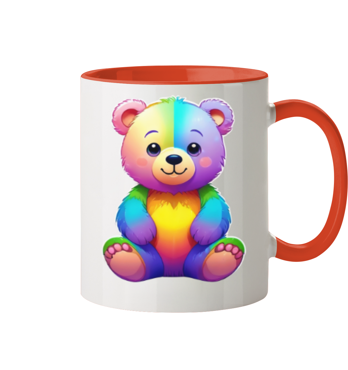 Bunte Tasse mit einem niedlichen, sitzenden Bären-Design in Regenbogenfarben.