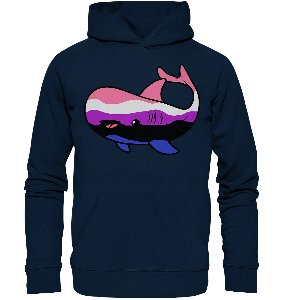 Hoodie mit einem bunten Wal-Motiv in Pink, Lila und Blau auf einem dunkelblauen Hintergrund.