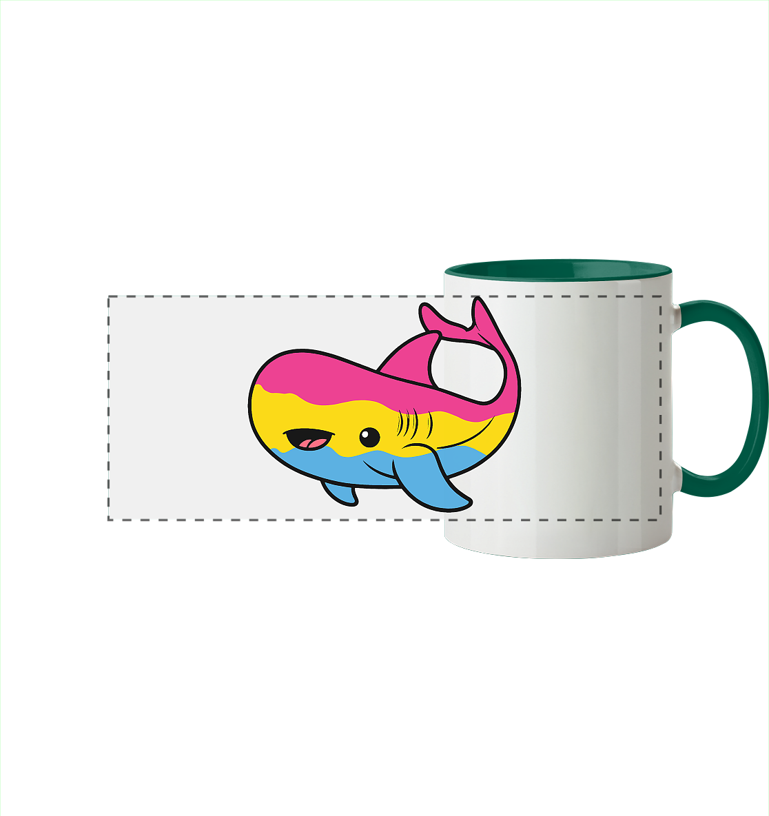 Bunte Tasse mit einem niedlichen, cartoonhaften Wal-Design in Pink, Gelb und Blau.