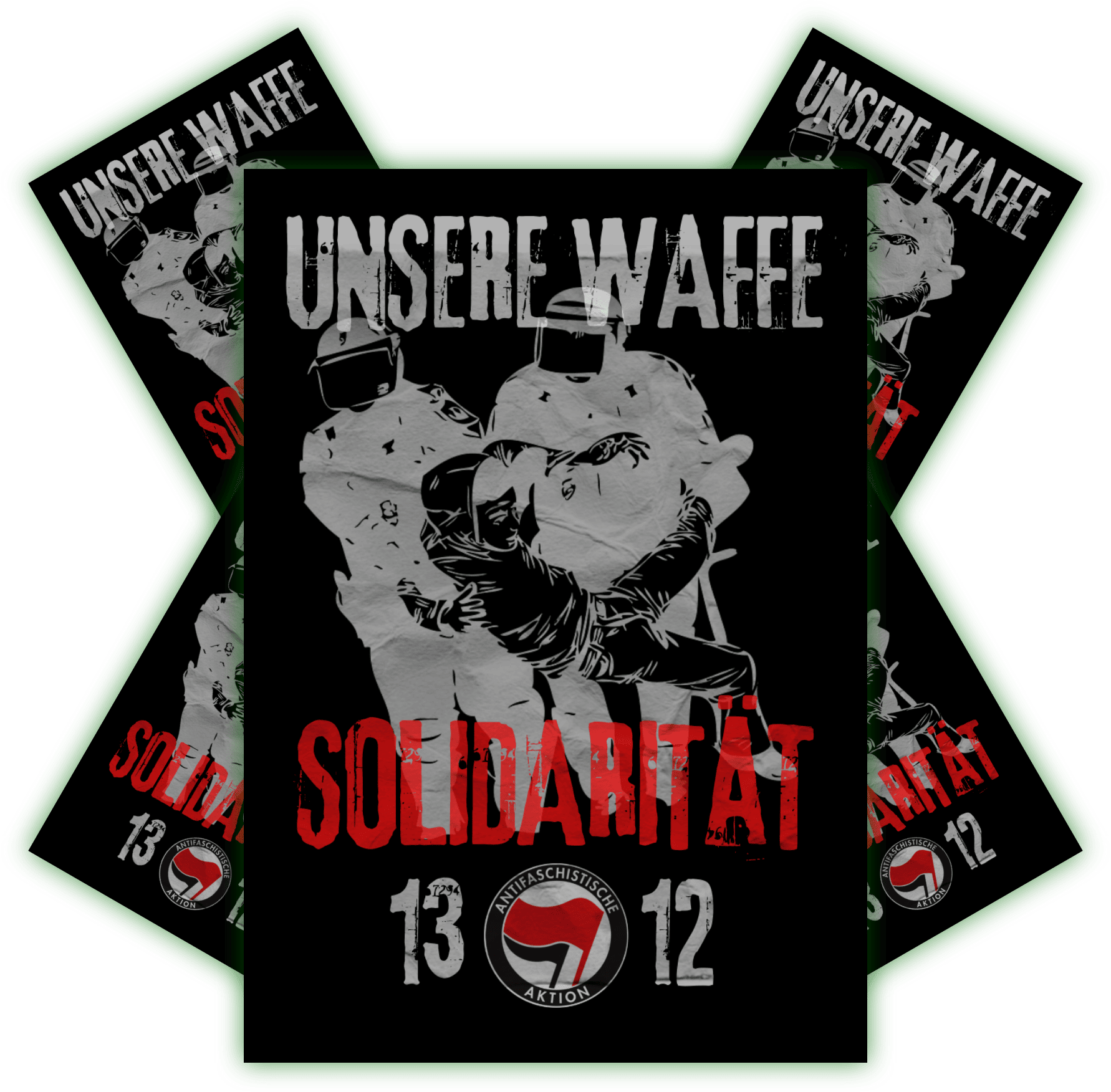 Plakat "Unsere Waffe Solidarität" mit antifaschistischen Motiven. Plakat mit dem Slogan "Unsere Waffe Solidarität", das kämpferische Motive und Symbole der antifaschistischen Aktion zeigt.