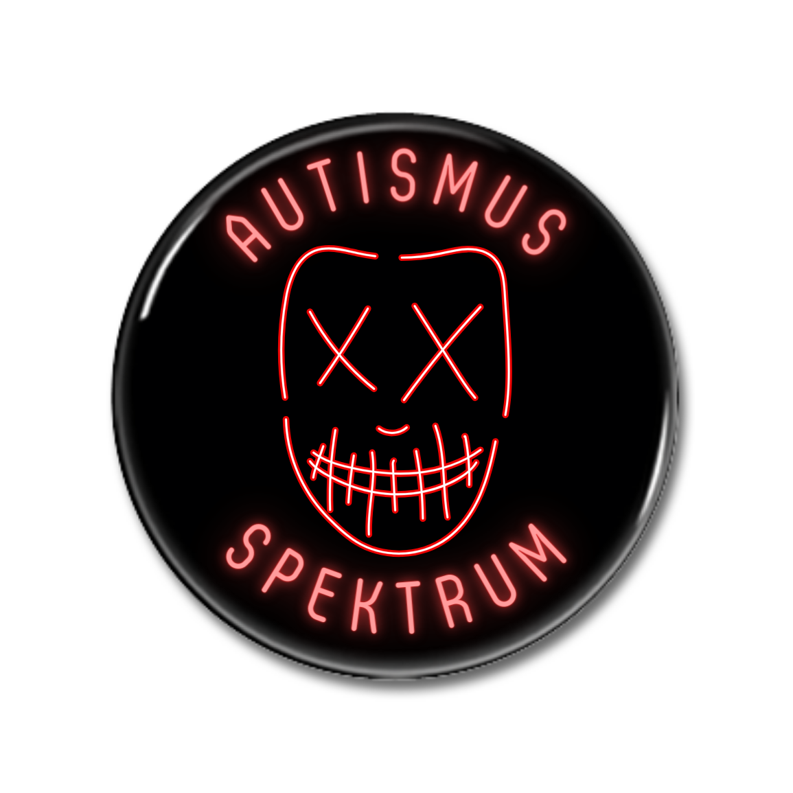 Ansteckbutton mit dem Aufdruck "AUTISMUS SPEKTRUM" und einem grinsenden Totenschädel in neonrotem Design.