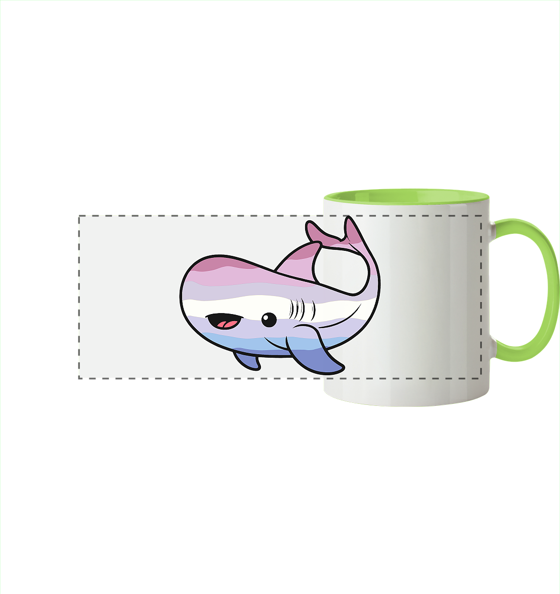 Bunte Tasse mit einem niedlichen, lächelnden Haifisch-Motiv.