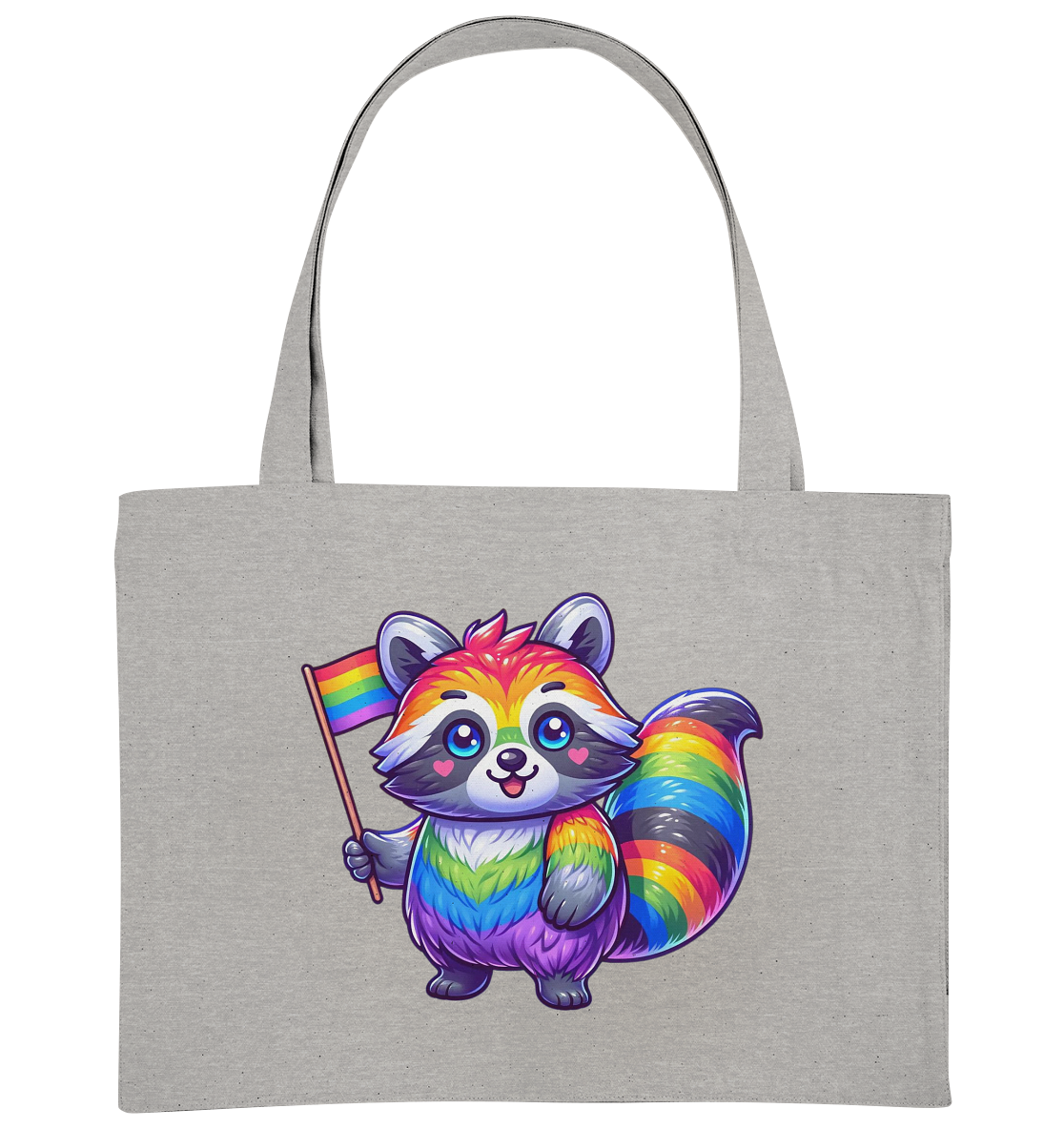 Niedliche, farbenfrohe Tasche mit einem Illustration eines Regenbogenwaschbären, der eine kleine Regenbogenflagge hält.