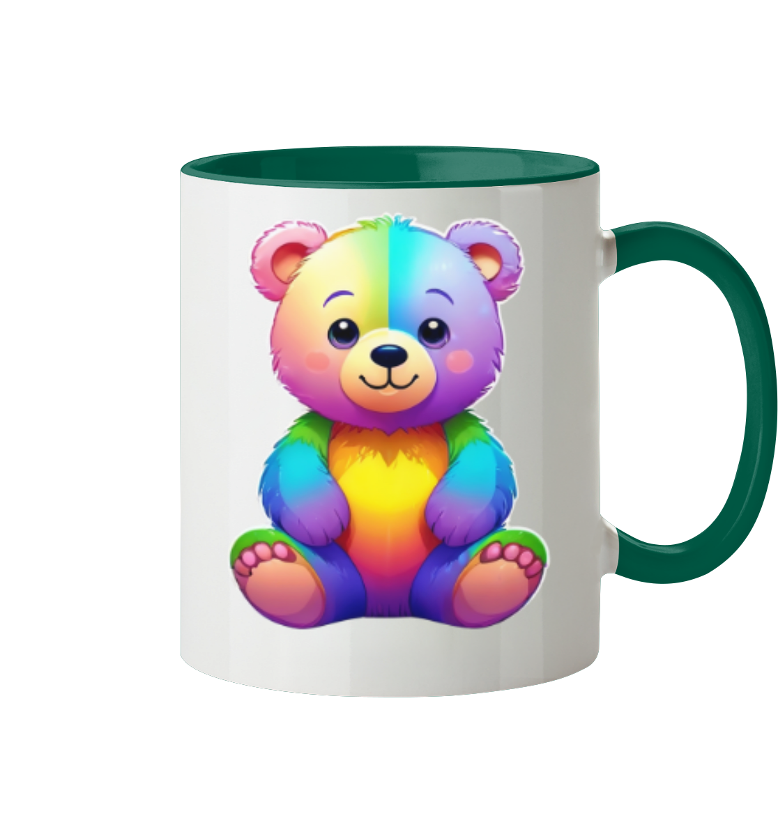 Bunte Tasse mit einem niedlichen, lächelnden Bären, der in Regenbogenfarben gestaltet ist.