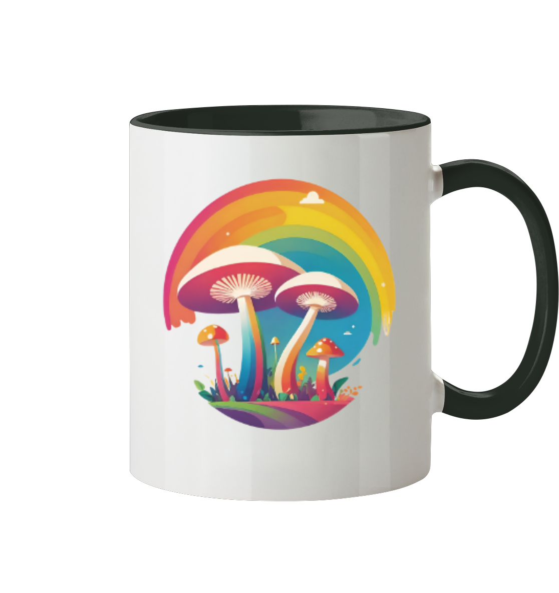 Bunte Tasse mit einem stilisierten Pilzdesign und einem Regenbogen.