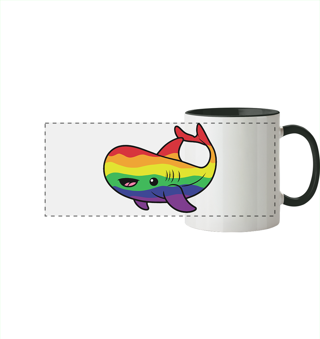 Bunte Tasse mit einem prahalenden, lächelnden Wal-Motiv in Regenbogenfarben.