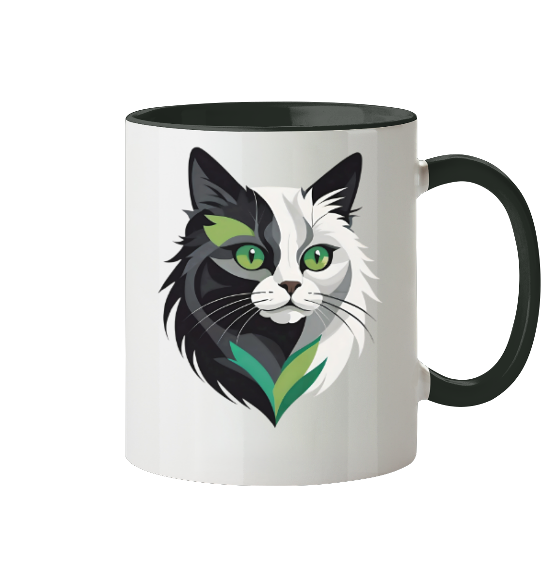 Tasse mit einem künstlerischen und farbigen Katzenmotiv, das eine schwarz-weiße Katze mit grünen Augen und grünen Blattdetails zeigt.