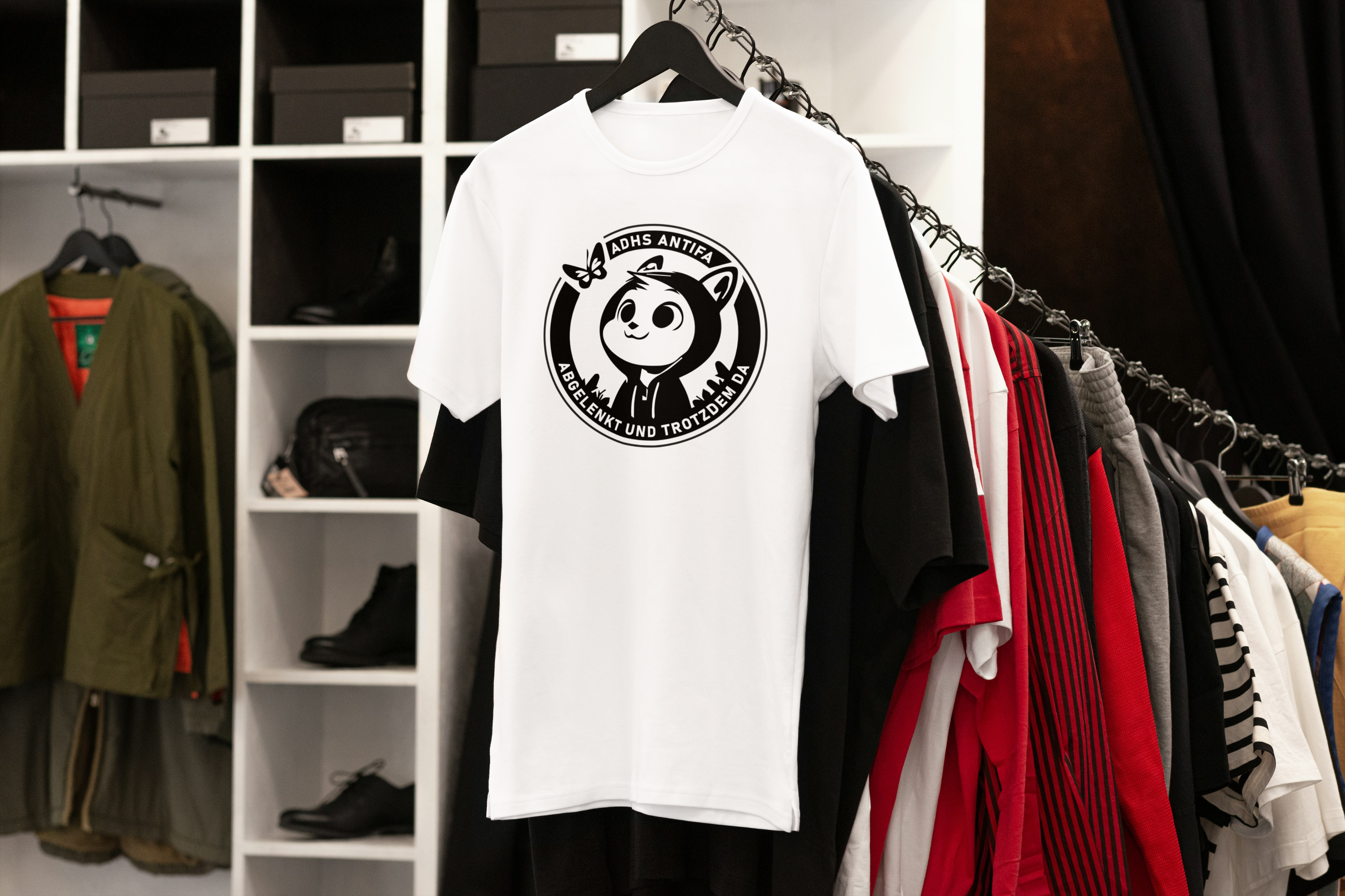 Weißes T-Shirt mit schwarzem Aufdruck eines Pandas und dem Text "ADHS ANTIFA - ABGELENKT UND TROTZDEM DA".