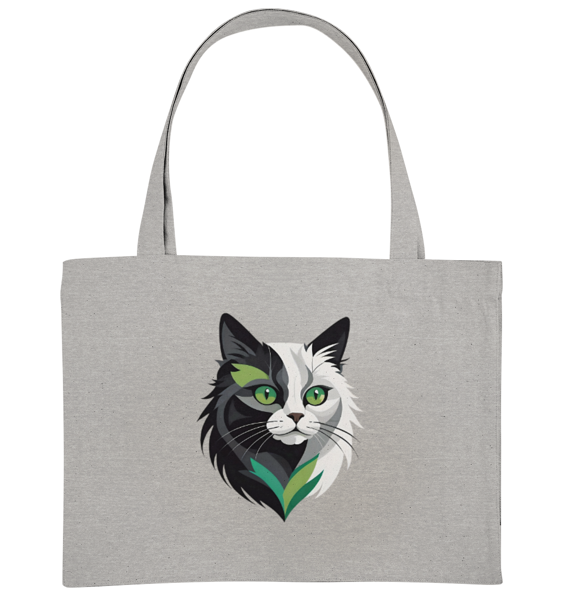 Graue Stofftasche mit einem künstlerischen Katzenkopf-Design in Schwarz, Weiß und Grüntönen.