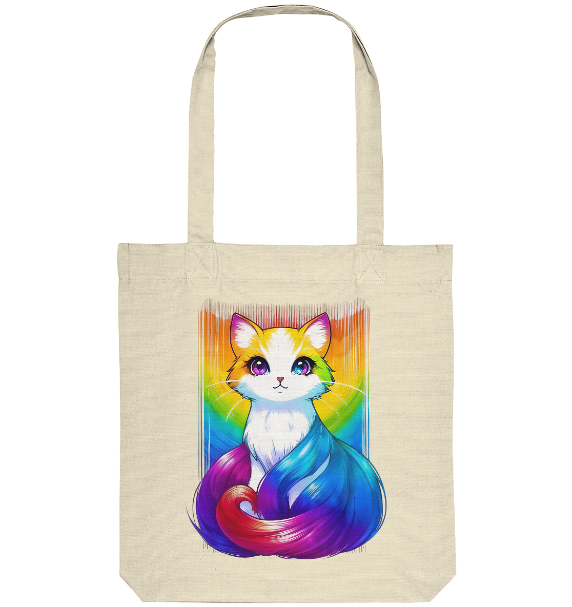 Bunte Baumwolltasche mit einem kunstvollen, farbenfrohen Katzendesign.