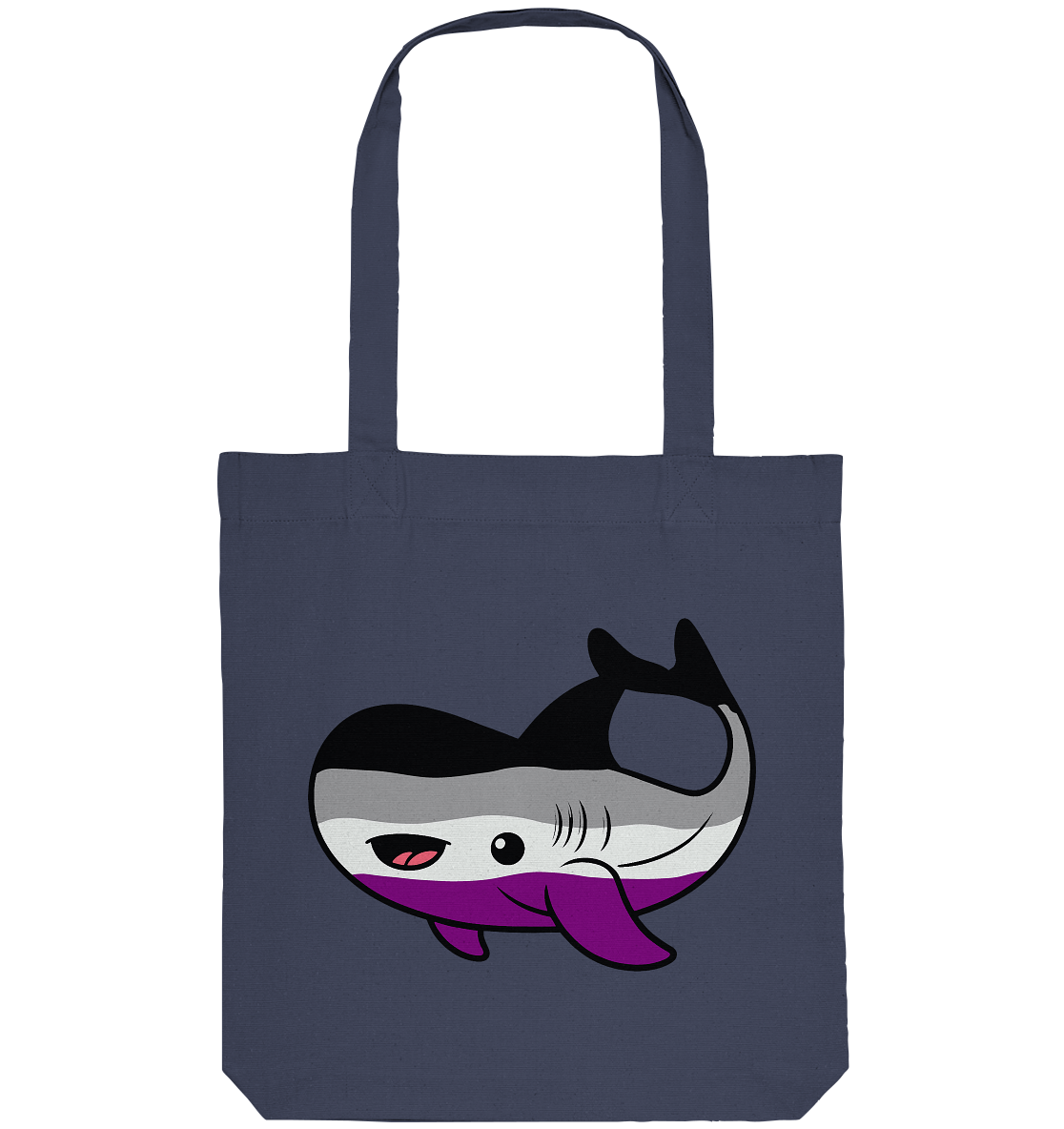 Schlichte Stofftasche in Dunkelblau mit einem niedlichen, cartoonartigen Hai-Motiv in Grau und Lila.