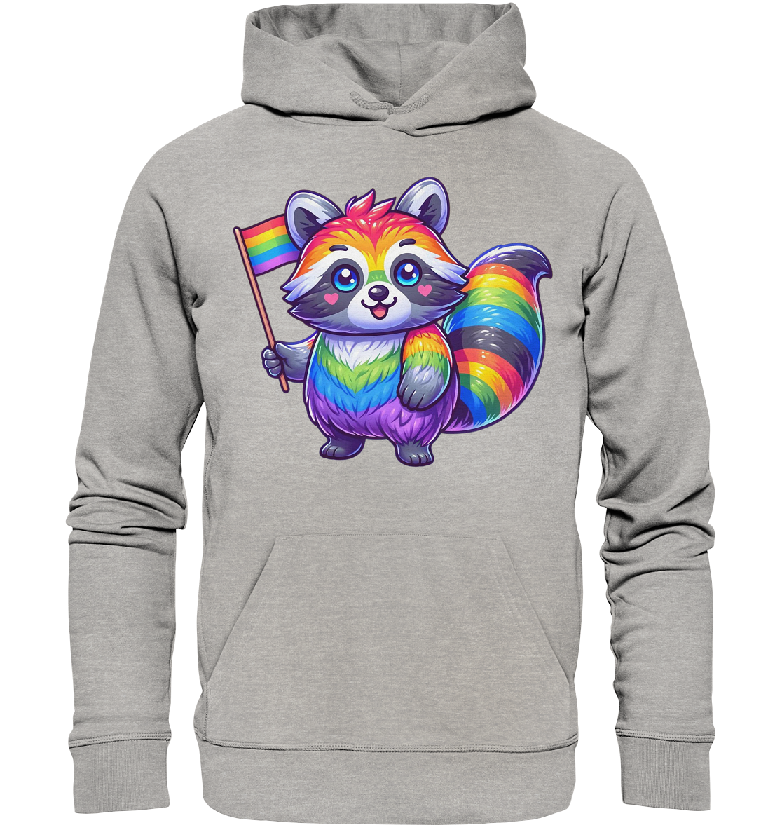 Grauer Hoodie mit einem bunten, niedlichen Waschbären-Design, der eine Regenbogenflagge hält.