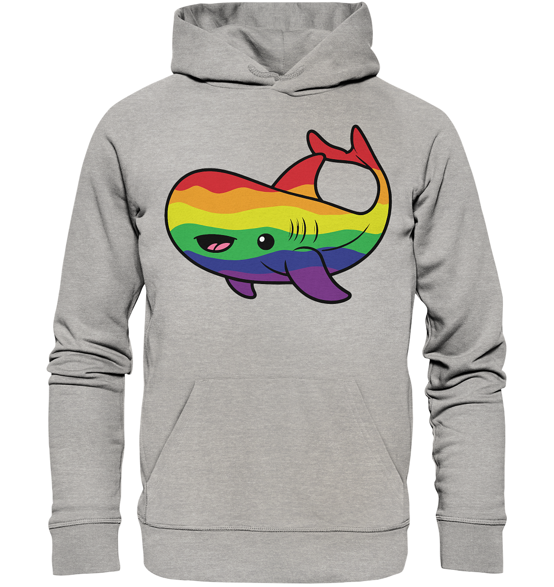 Grauer Hoodie mit einem bunten, lächelnden Walsymbol in Regenbogenfarben.