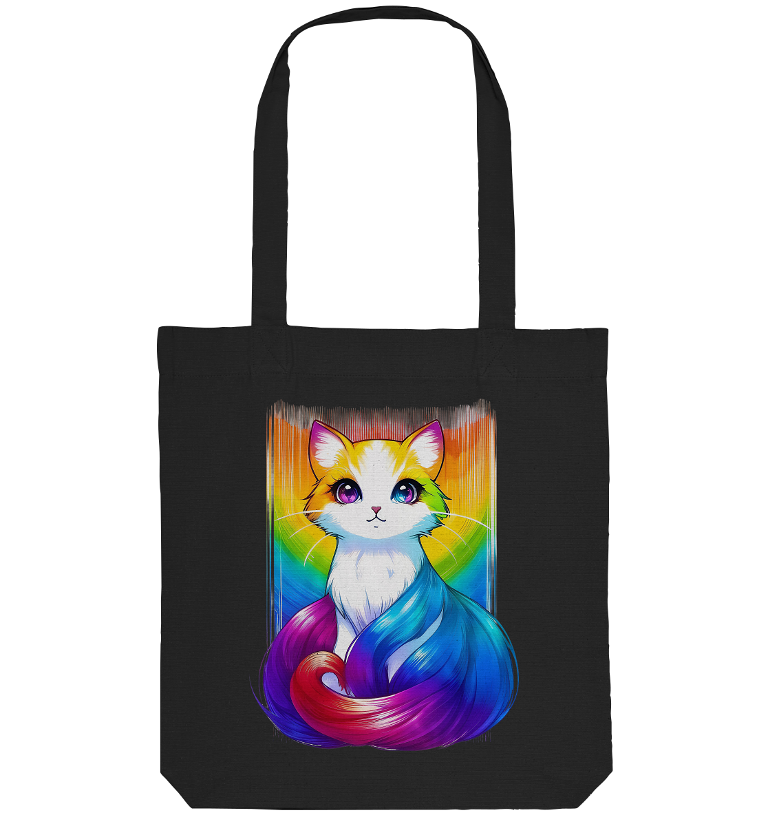 Bunt bedruckte Einkaufstasche mit einem künstlerischen Motiv einer Katze vor einem Regenbogen-Hintergrund.