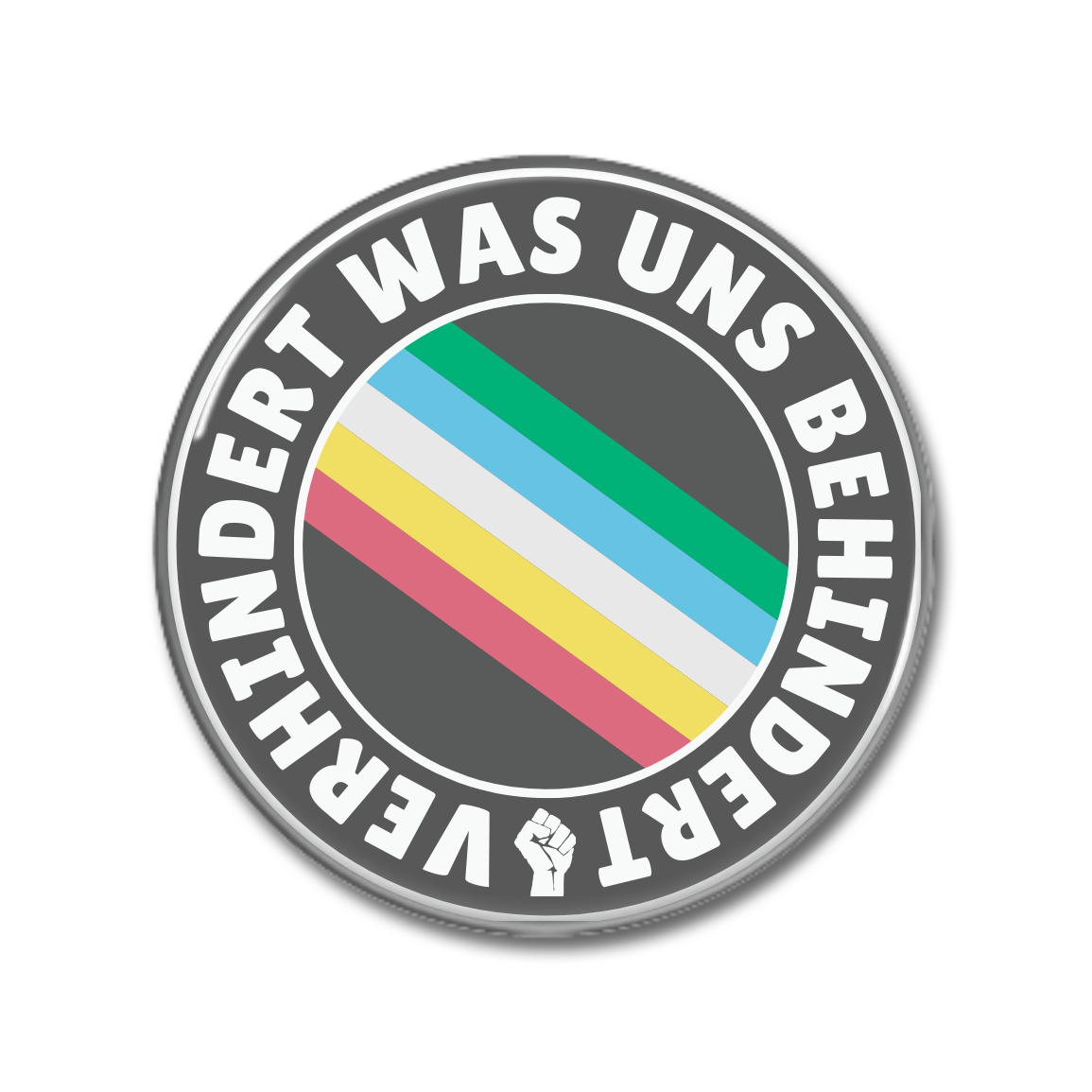 Rundes Emblem mit der Aufschrift "VERHINDERT WAS UNS BEHINDERT" und einem bunten Streifenmuster im Hintergrund.