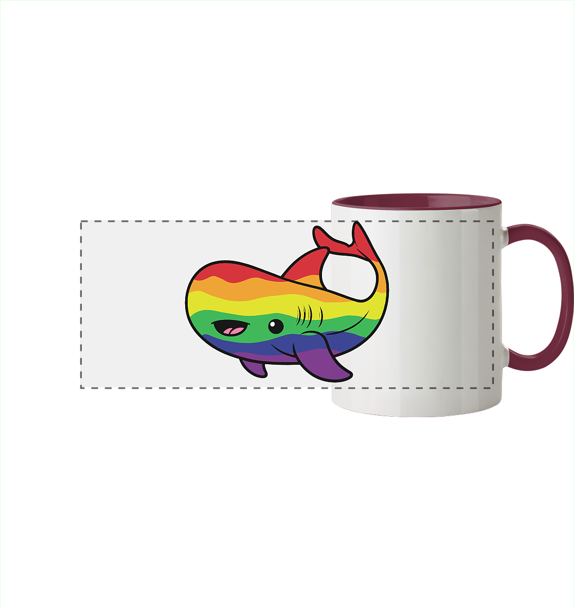 Bunte Tasse mit einem fröhlichen, regenbogenfarbenen Walsymbol.