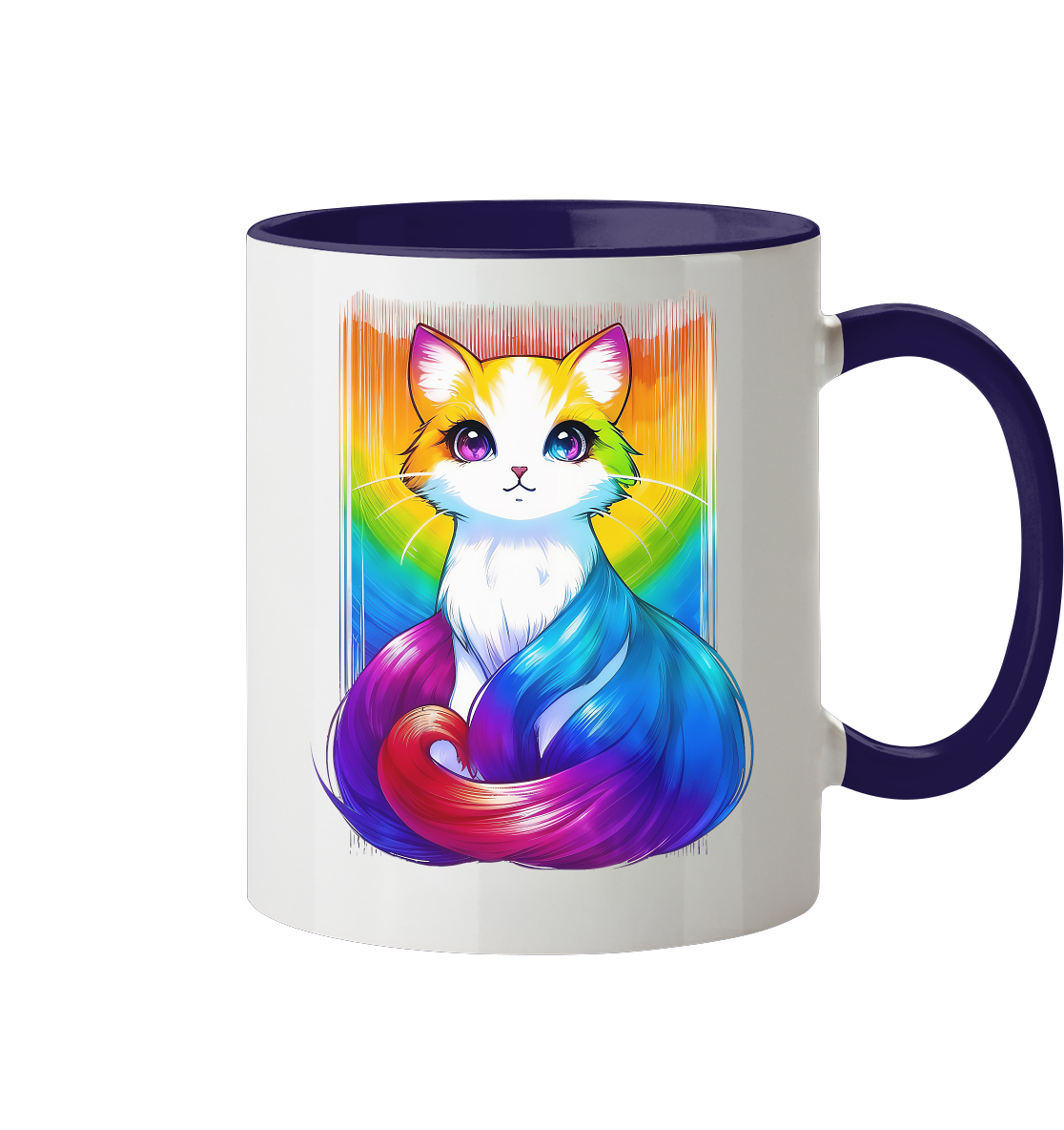 Bunte Tasse mit einem künstlerischen Katzendesign in Regenbogenfarben.