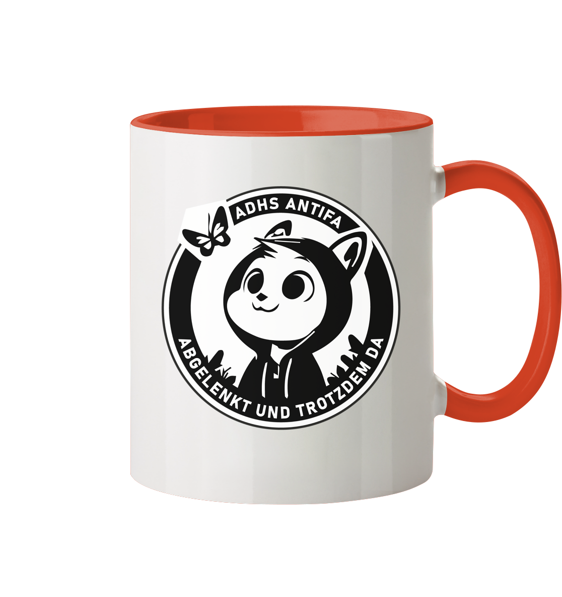 Tasse mit einem niedlichen Panda-Design und dem Schriftzug "ADHS ANTIFA - Abgelenkt und trotzdem da" auf einer weißen und orangefarbenen Tasse.