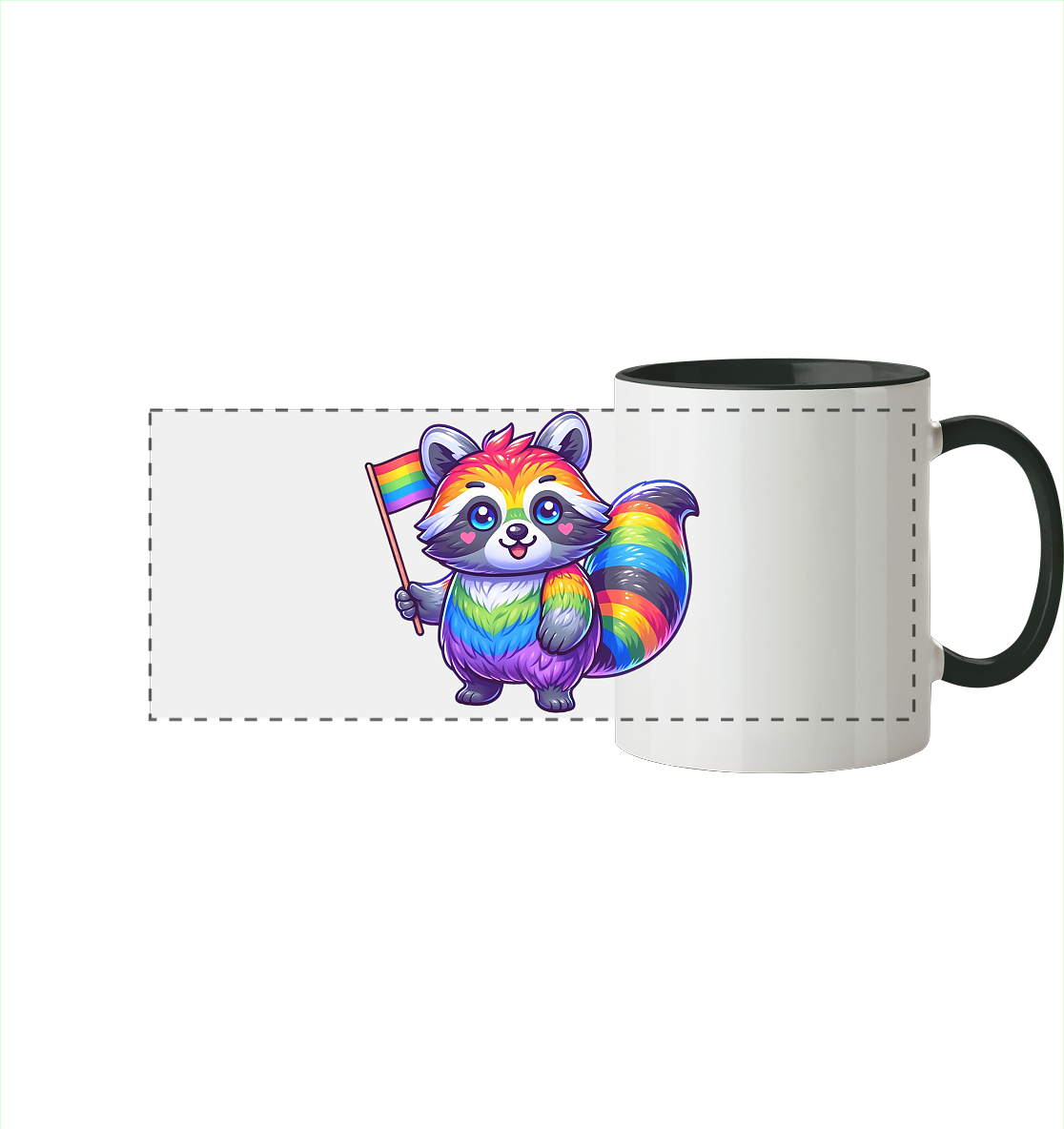 Bunte Tasse mit einem niedlichen, regenbogenfarbigen Waschbären, der eine Pride-Flagge hält.