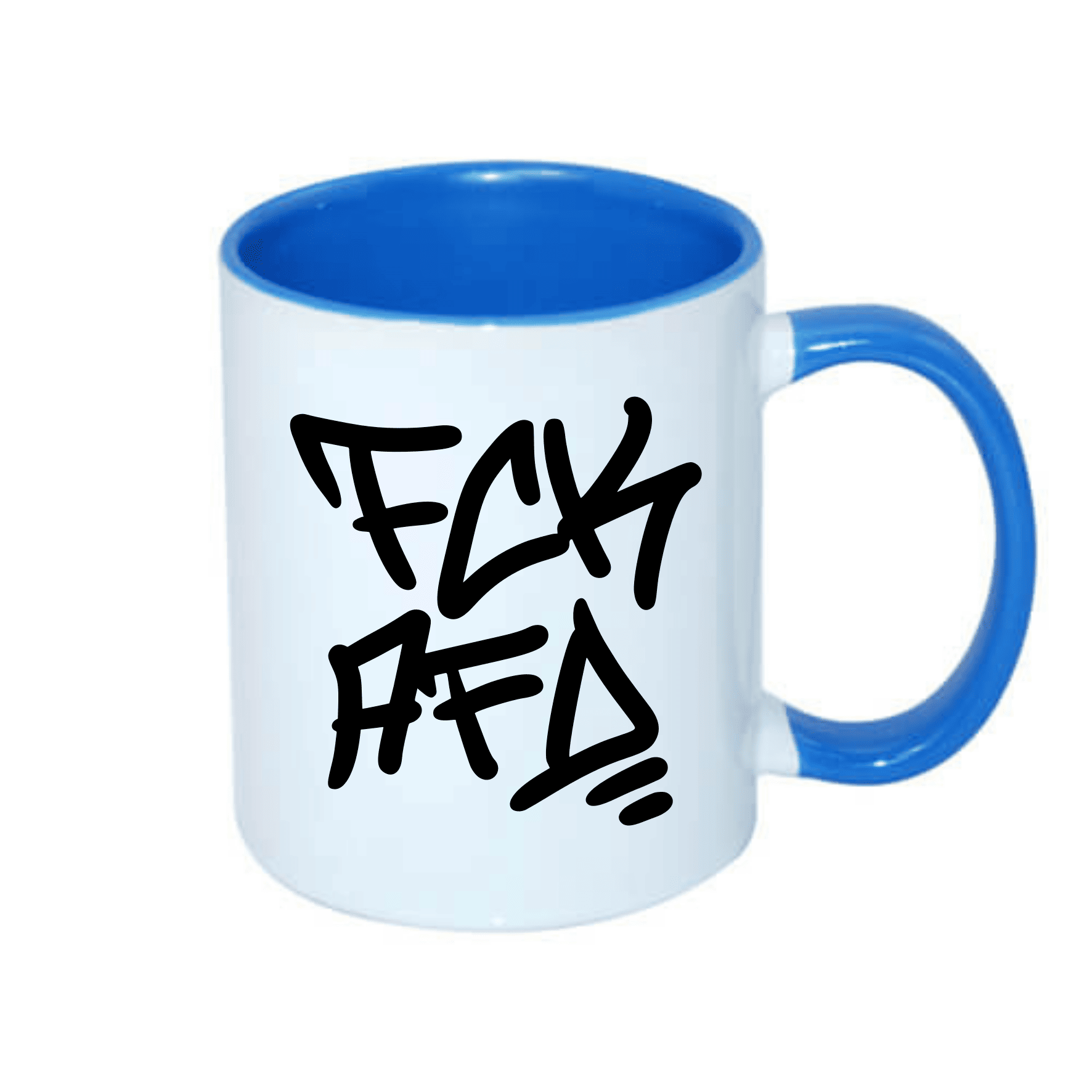 Becher mit blauem Henkel und Innenseite, bedruckt mit schwarzer Graffiti-Schrift.