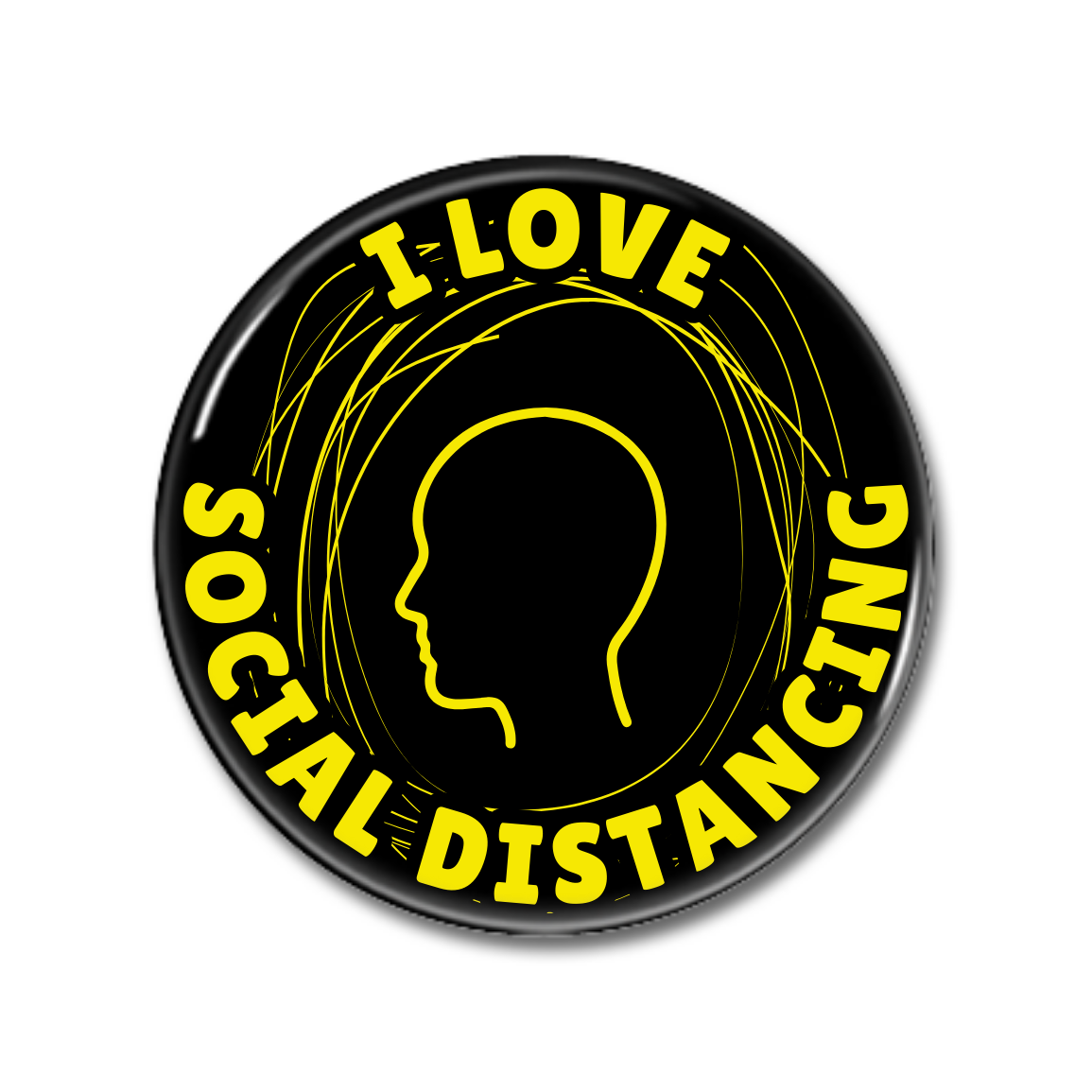 Rundes Badge mit dem Text "I LOVE SOCIAL DISTANCING" und einer stilisierten Silhouette eines Kopfes auf schwarzem Hintergrund.