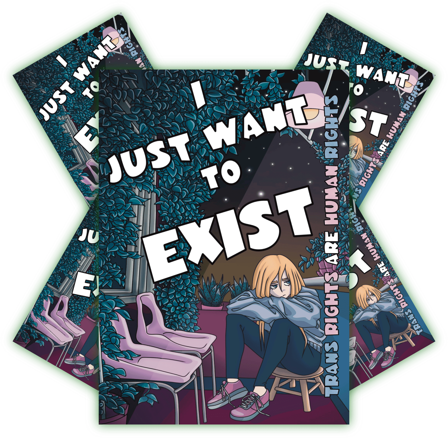 Leseheft mit dem Titel "I JUST WANT to EXIST", das die Bedeutung von Menschenrechten für Transgender-Personen hervorhebt. Ein Cover eines Leseheftes mit dem Titel "I JUST WANT to EXIST" und der Bemerkung "TRANS RIGHTS ARE HUMAN RIGHTS". Im Hintergrund sind stilisierte Pflanzen und ein Nachthimmel zu sehen.