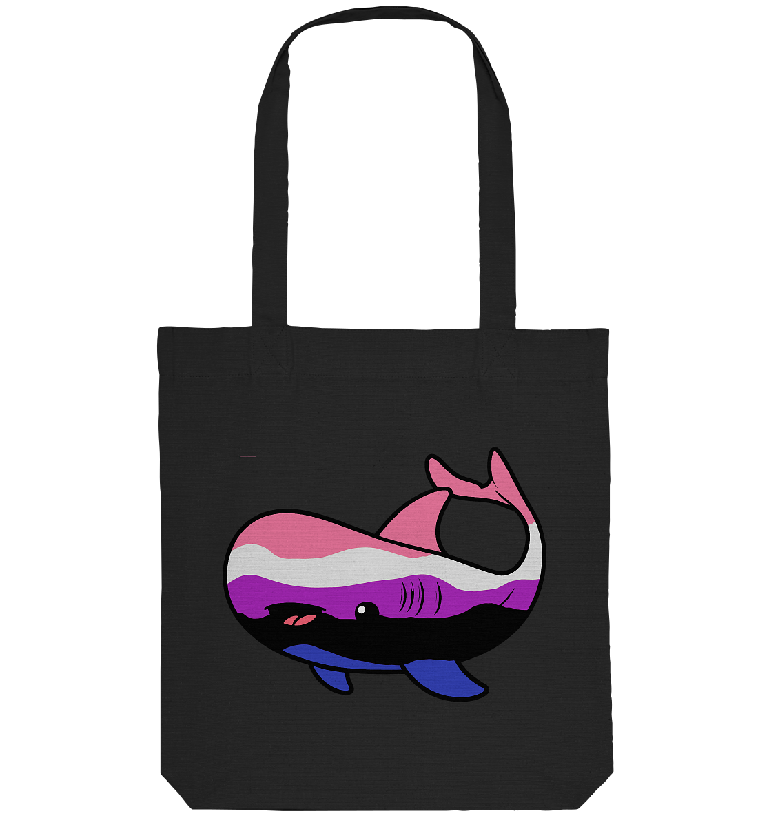 Schwarz-weiße Tasche mit einem bunten, cartoonhaften Wal-Motiv in lila, rosa und schwarz.