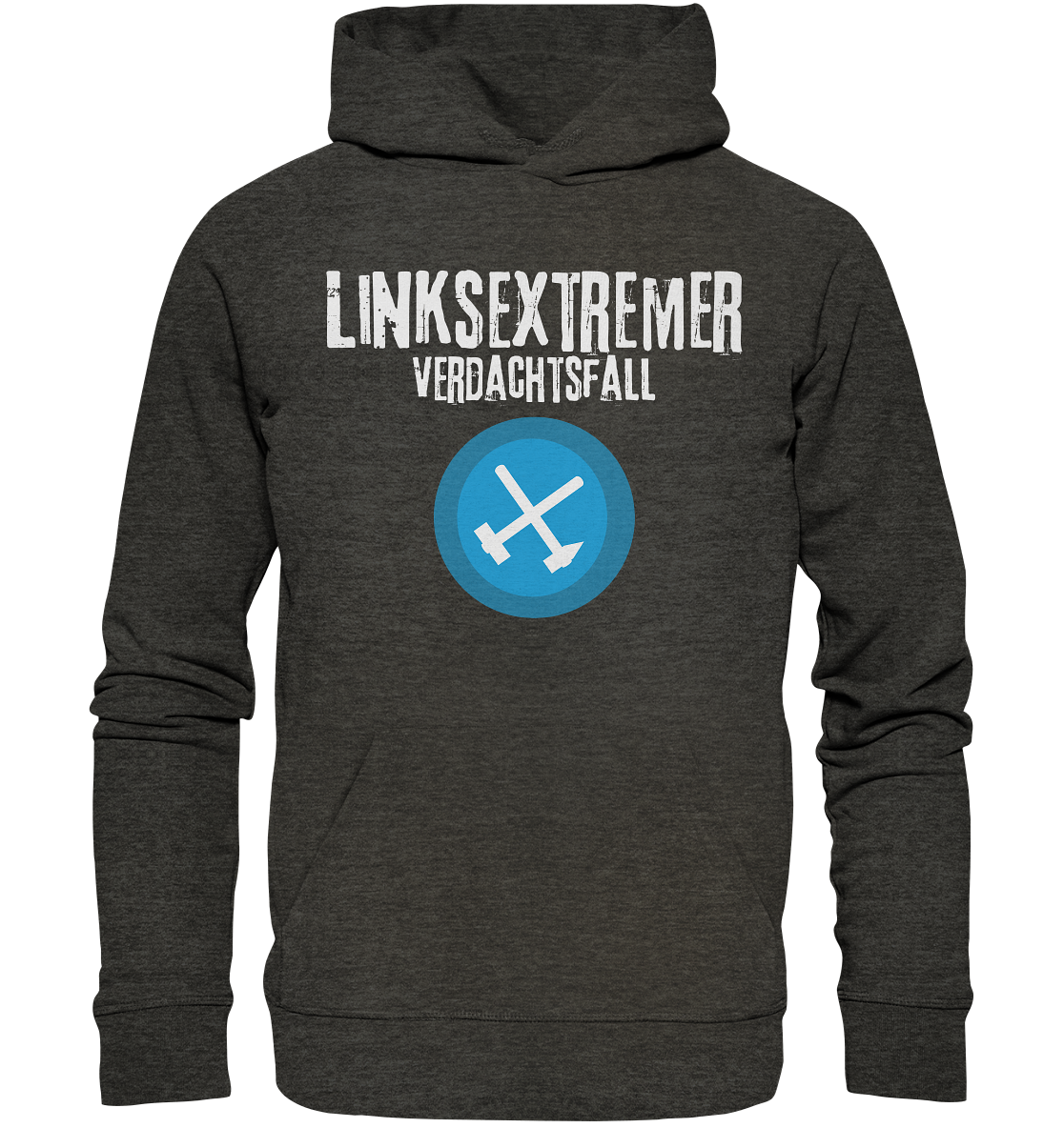 Grauer Hoodie mit dem Aufdruck "LINKSEXTRAMER VERDACHTSFALL" und einem blauen Symbol.