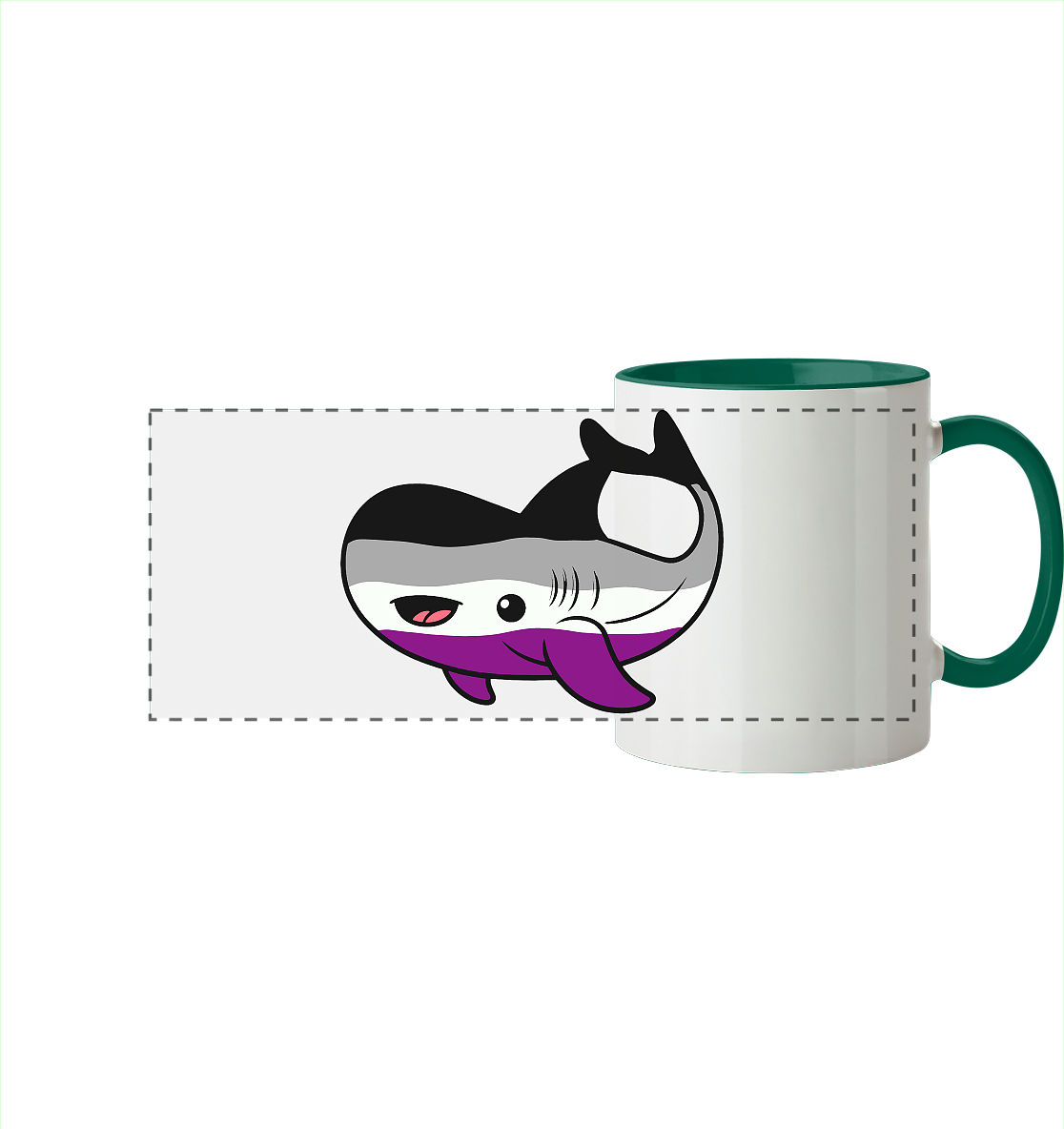 Lustige Tasse mit einem Cartoon-Hai-Design in Schwarz, Weiß und Lila.