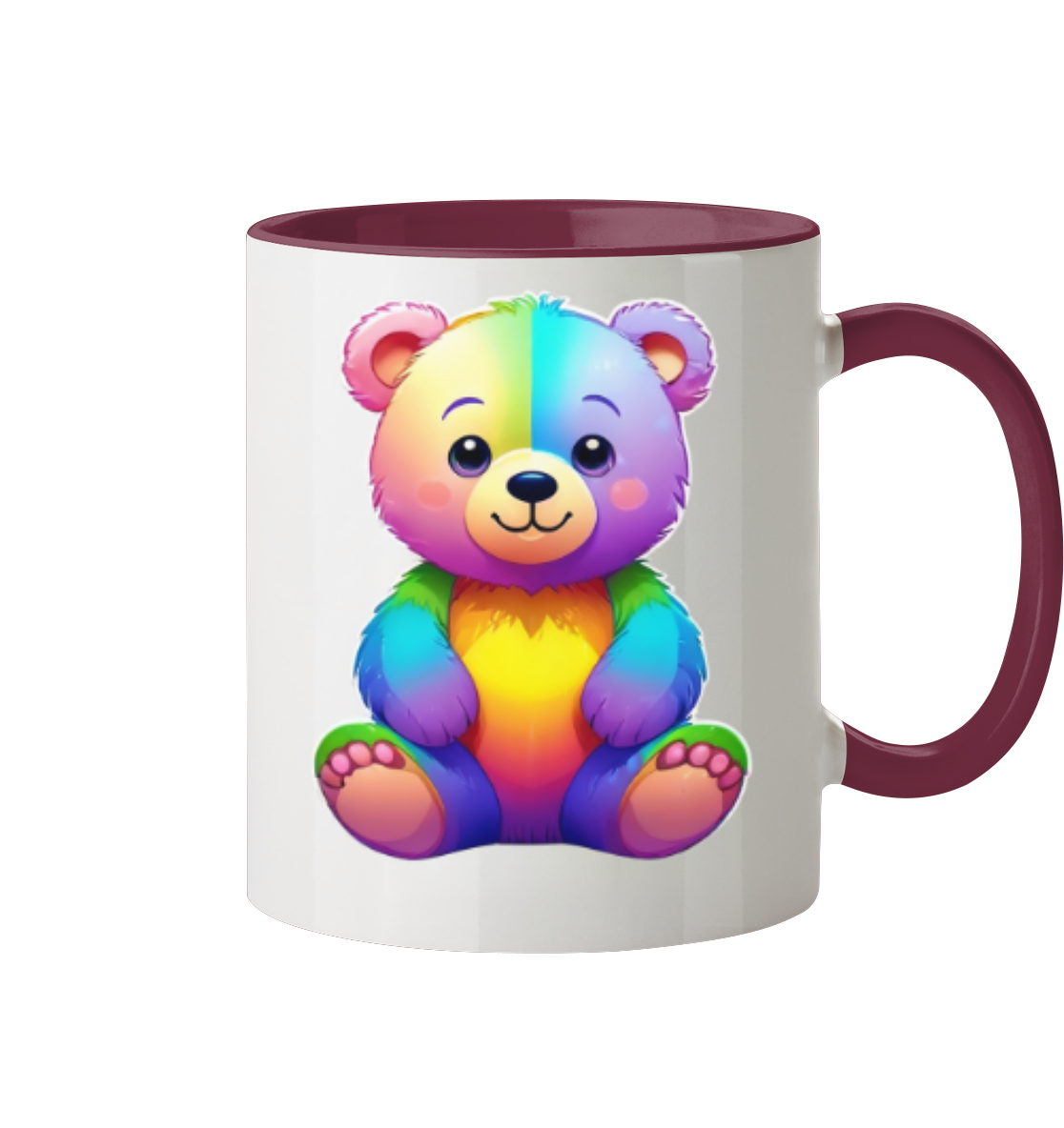 Bunte Tasse mit einem niedlichen, cartoonhaften Bären in Regenbogenfarben.