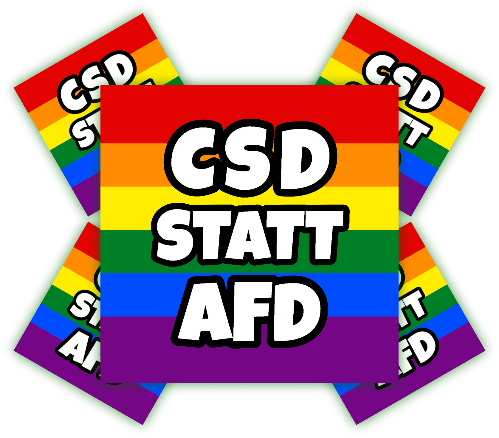 Aufkleber mit dem Slogan "CSD STATT AFD" in Regenbogenfarben. Bunte Aufkleber mit dem Text "CSD STATT AFD", umgeben von einem Regenbogenmuster.