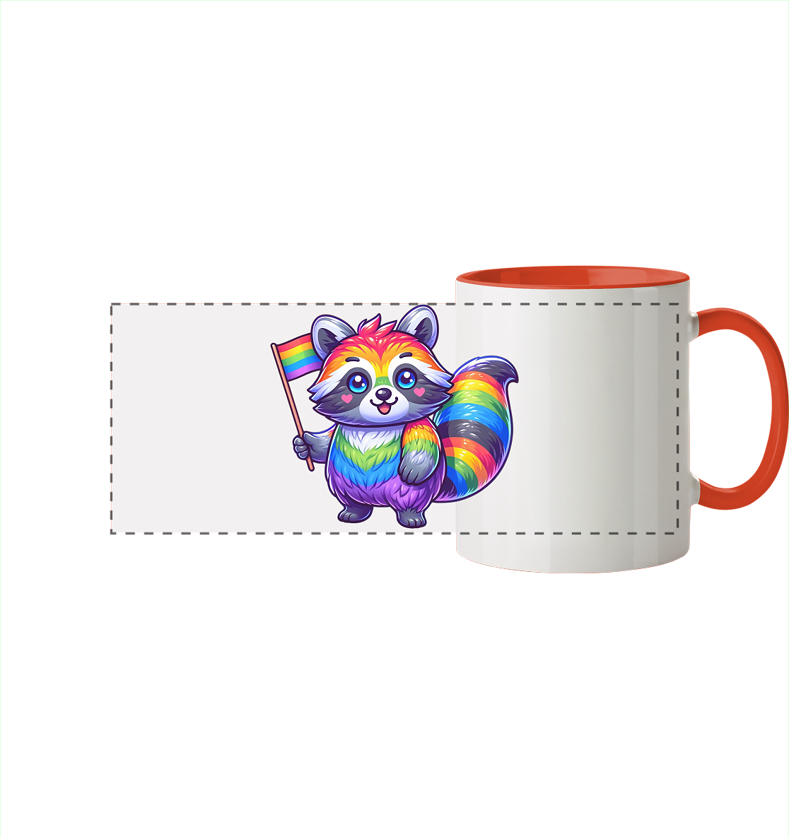 Bunte Tasse mit einem niedlichen, regenbogenfarbigen Waschbären, der eine Regenbogenflagge hält.