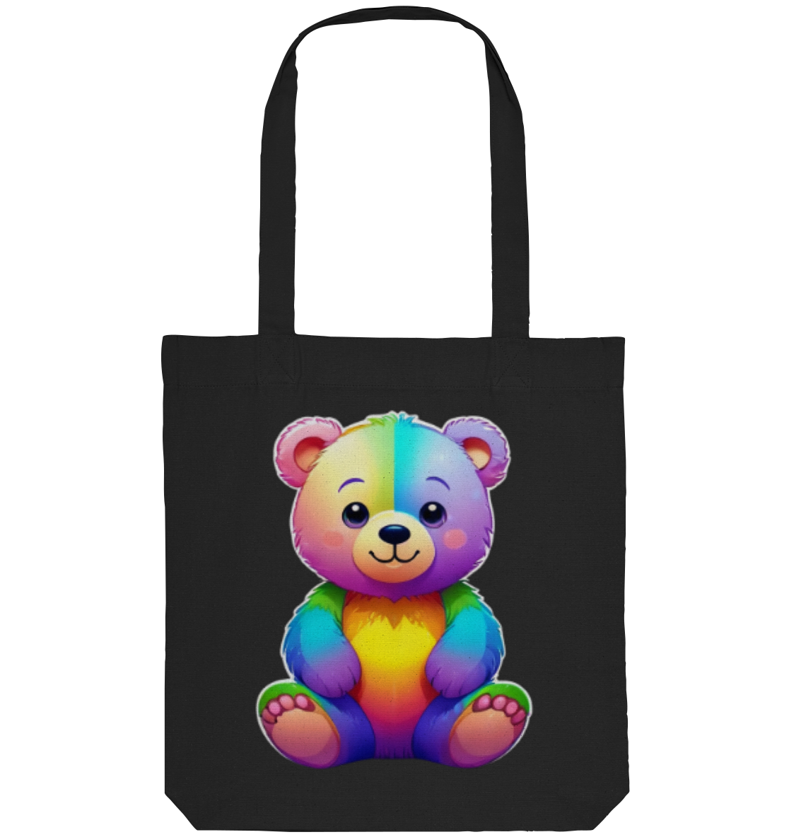 Bunte, cartoonhafte Bärentasche auf schwarzem Hintergrund. 