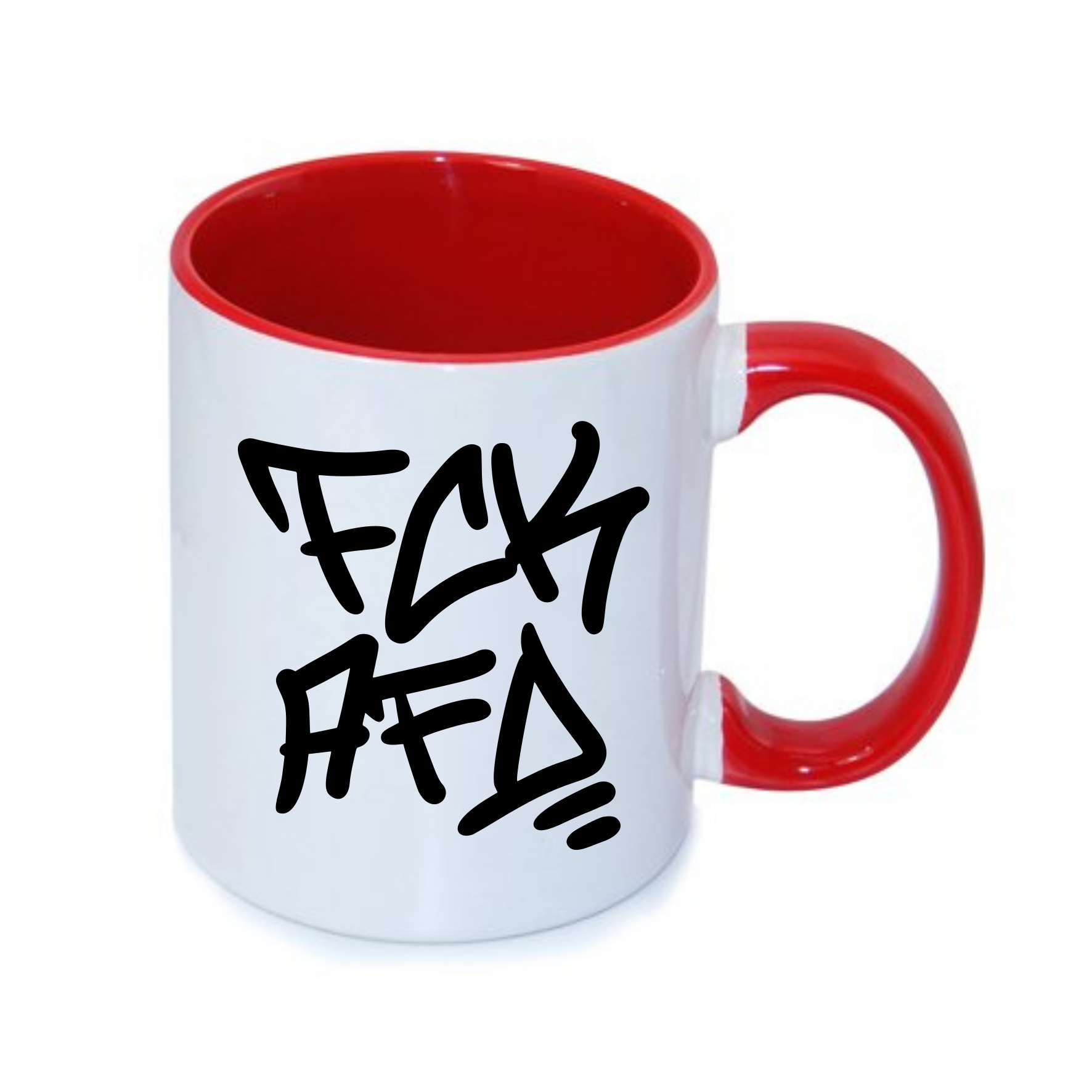 Weiße Tasse mit rotem Henkel und Innenteil, bedruckt mit schwarzer Graffiti-Schrift.