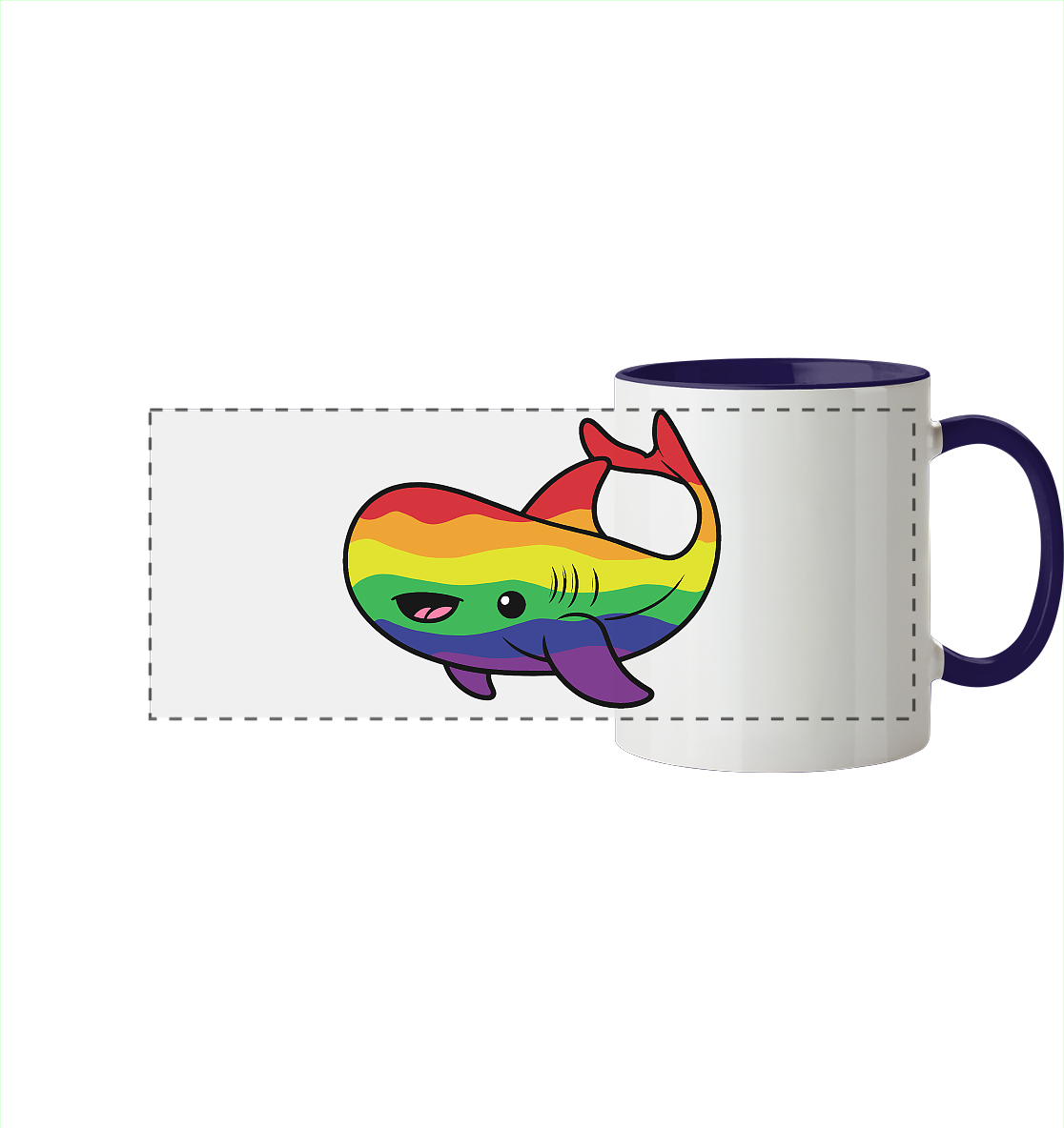 Bunte Tasse mit einem niedlichen, regenbogenfarbenen Hai-Design.