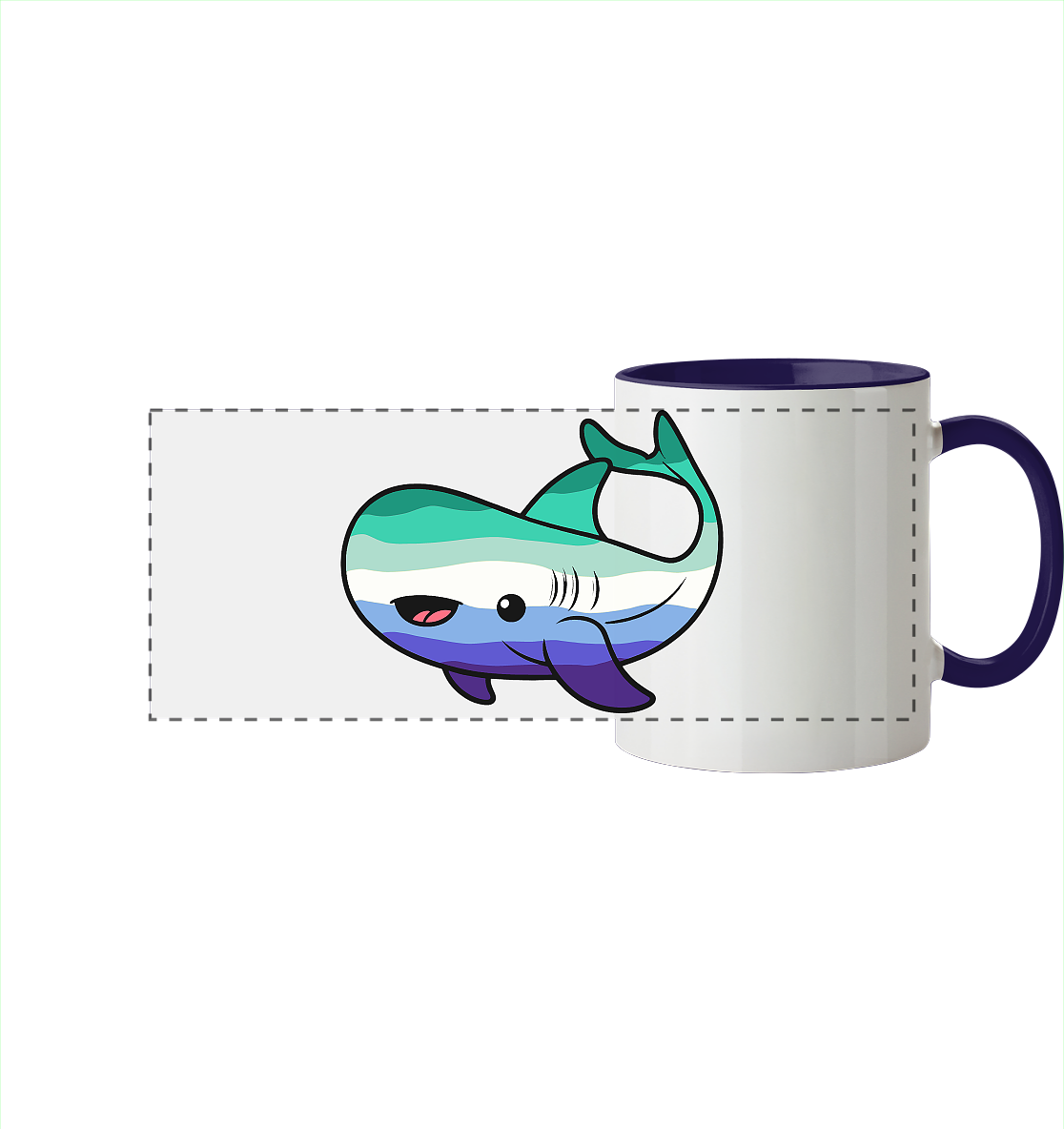 Bunte Tasse mit einem cartoonhaften Haifisch-Design in türkis und lila.