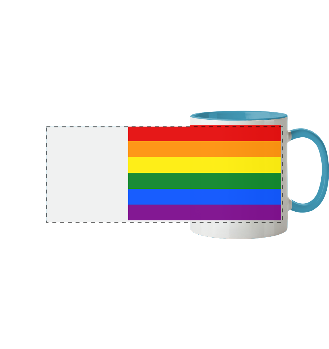 Tasse mit buntem Regenbogenmuster auf der Vorderseite und hellblauem Henkel.