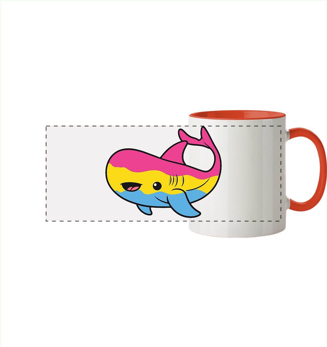 Bunte Kaffeetasse mit einem lächelnden Wal-Motiv in Pink, Gelb und Blau.