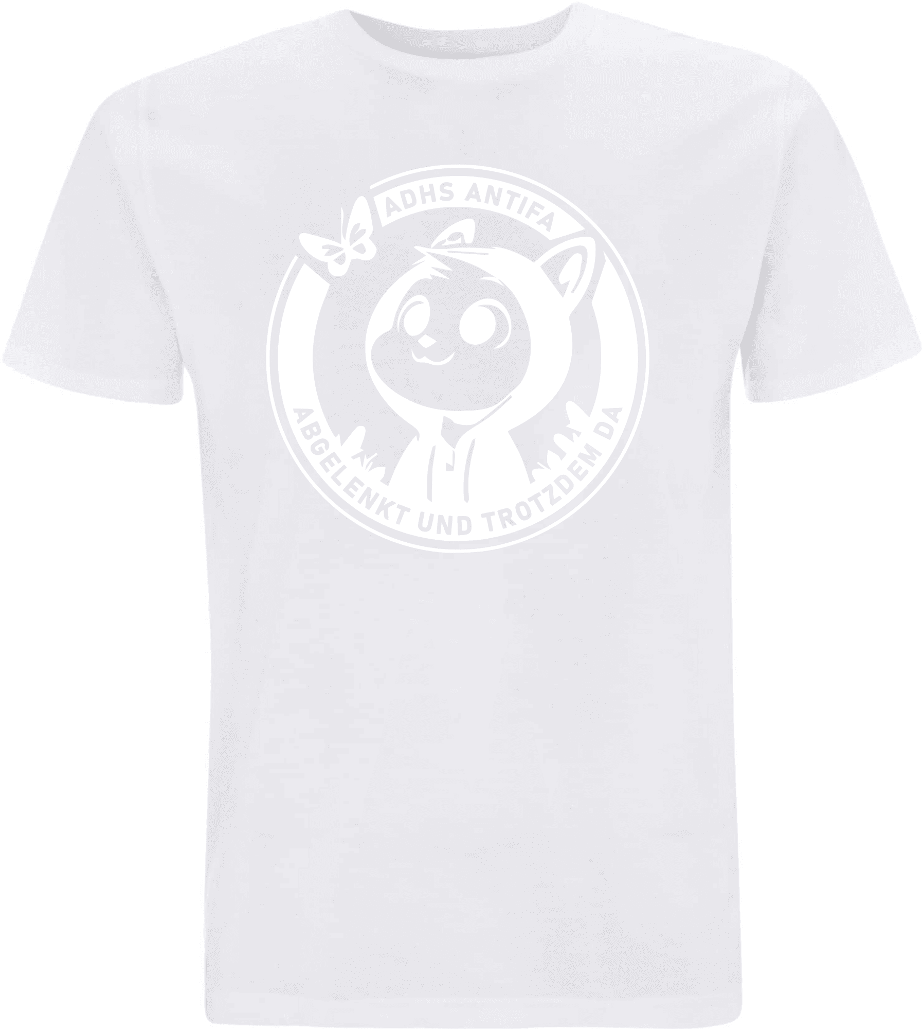 Weißes T-Shirt mit einem grafischen Print in der Mitte, der einen niedlichen Charakter mit Kapuze und einer Schmetterlingsillustration zeigt.