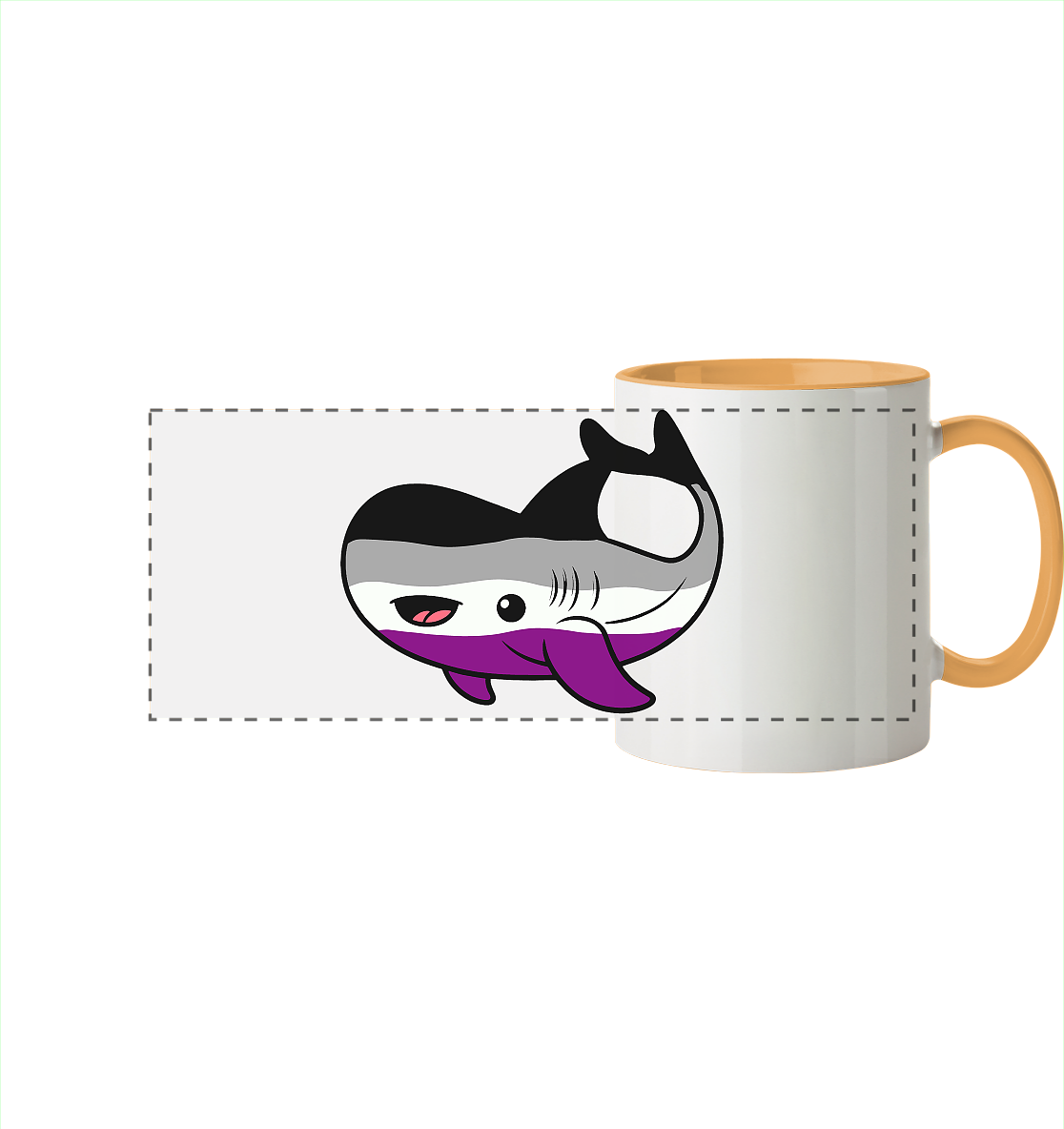 Illustrative Tasse mit einem niedlichen, cartoonhaften Hai-Design in schwarz, weiß und lila.